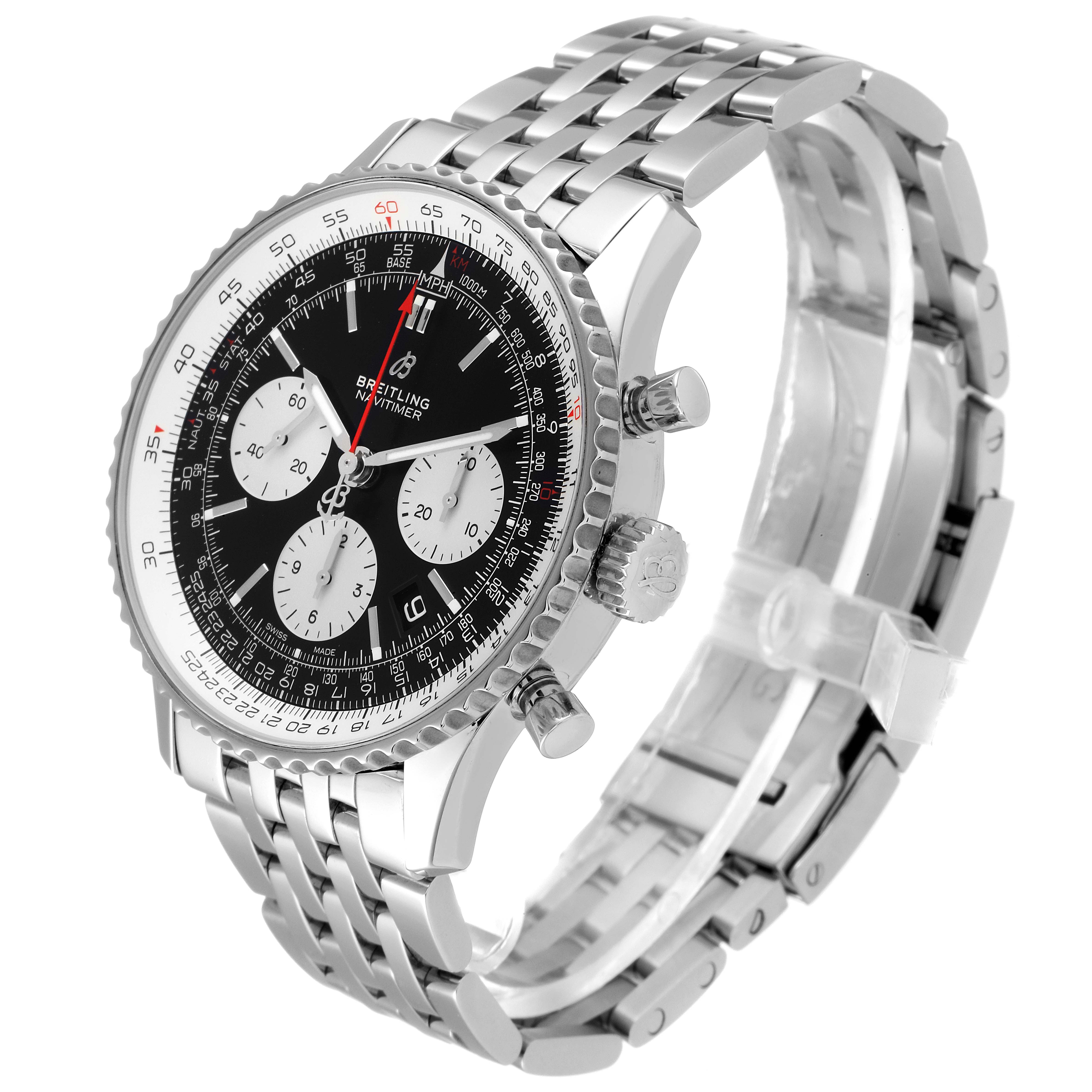 The image shows a Breitling Navitimer AB0121 Men
s Stainless Steel Black Dial AB0121 Men
s Stainless Steel Black Dial watch, angled from the right side, highlighting its bezel, dial, and stainless steel bracelet.