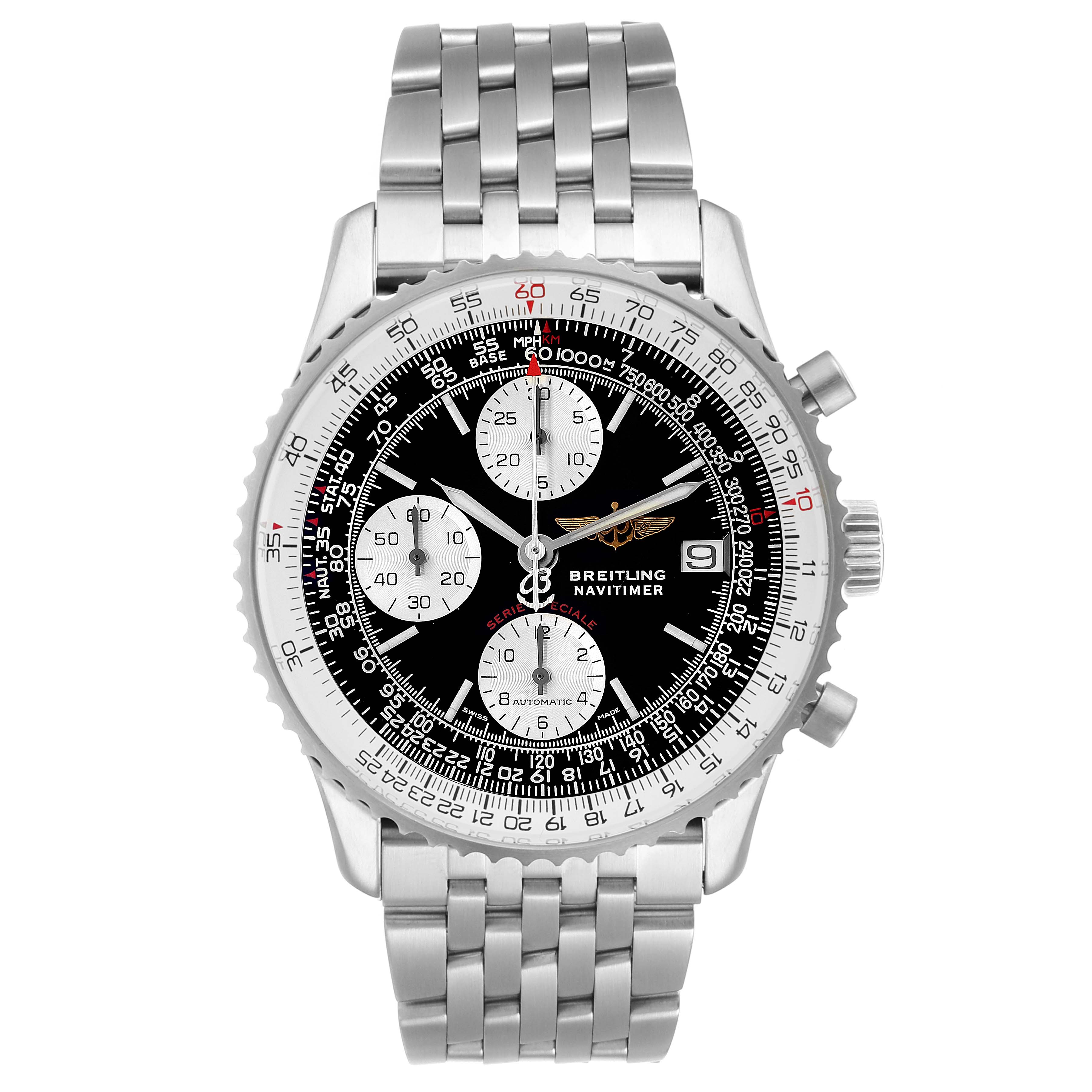 The Breitling Navitimer A13330 Men
s Stainless Steel Black Dial A13330 Men
s Stainless Steel Black Dial watch is shown from a front view, displaying its dial, bezel, subdials, and stainless steel bracelet.