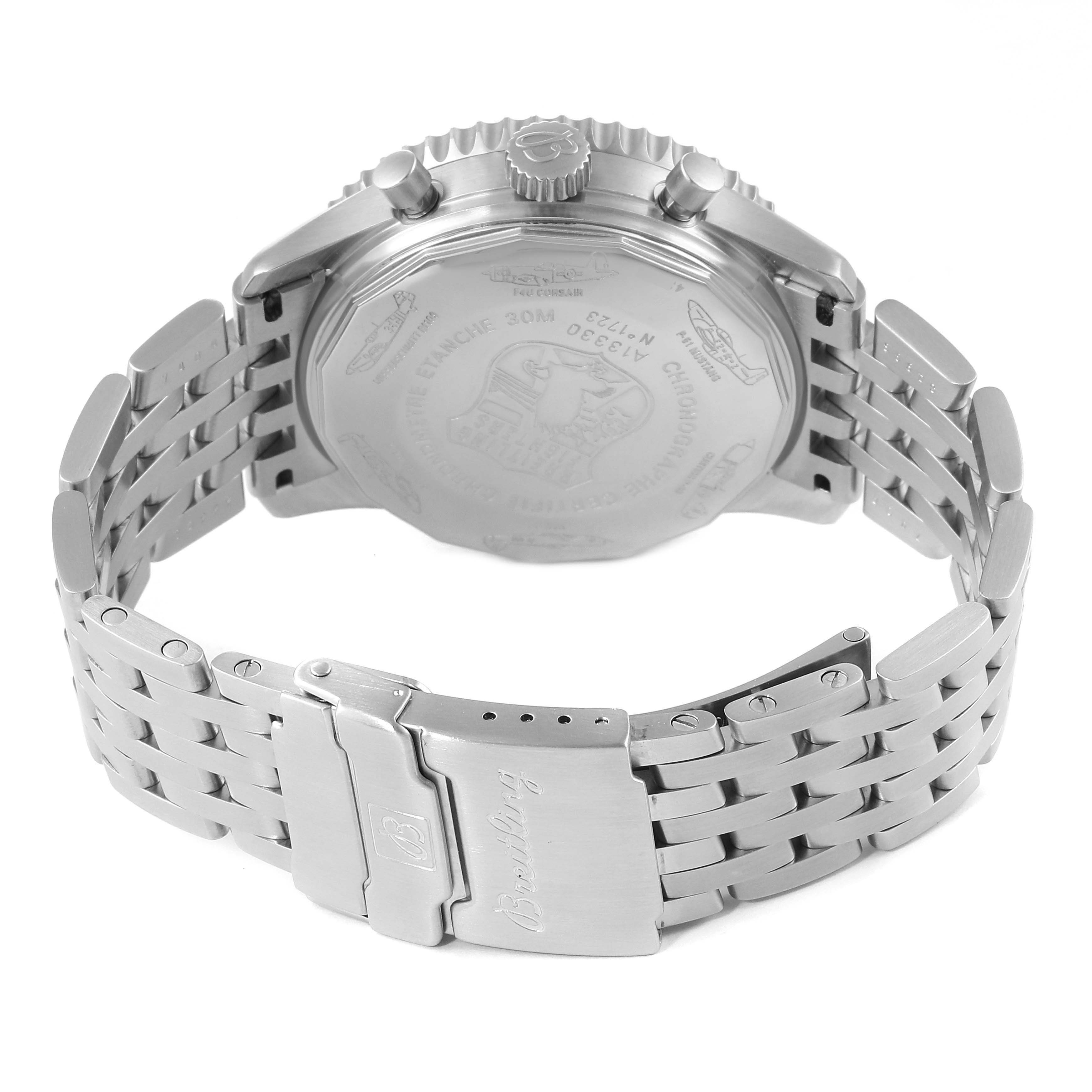 The image shows the back case and bracelet of a Breitling Navitimer A13330 Men
s Stainless Steel Black Dial A13330 Men
s Stainless Steel Black Dial watch viewed from a slightly tilted angle.