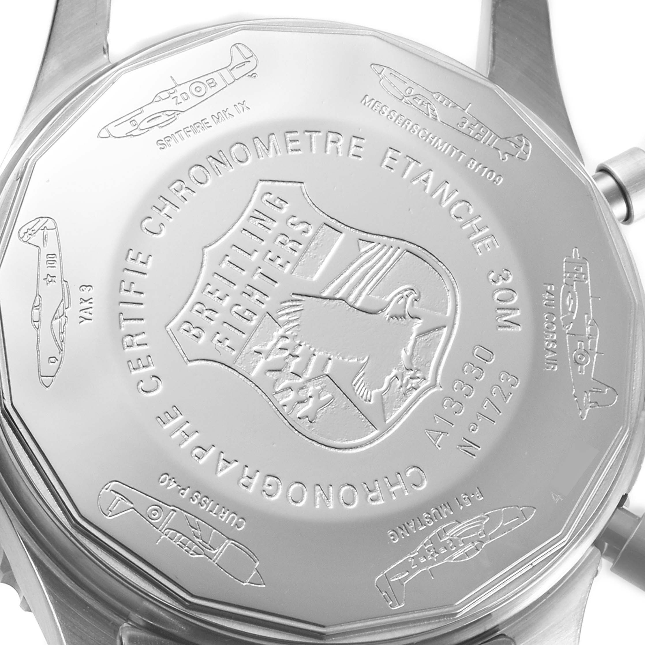 The image shows the case back of a Breitling Navitimer A13330 Men
s Stainless Steel Black Dial A13330 Men
s Stainless Steel Black Dial watch, featuring engraved aircraft and brand details.