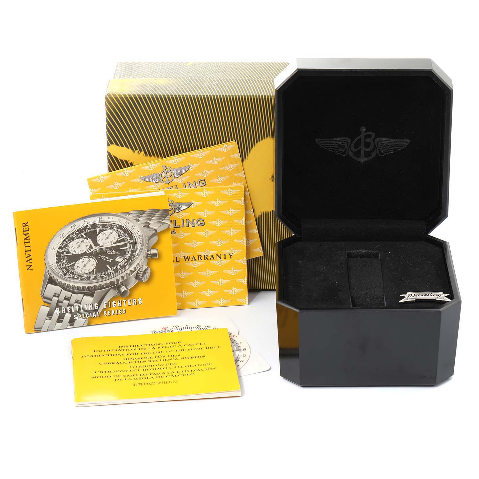 The image shows the packaging, warranty card, manual, and box for a Breitling Navitimer A13330 Men
s Stainless Steel Black Dial A13330 Men
s Stainless Steel Black Dial watch.