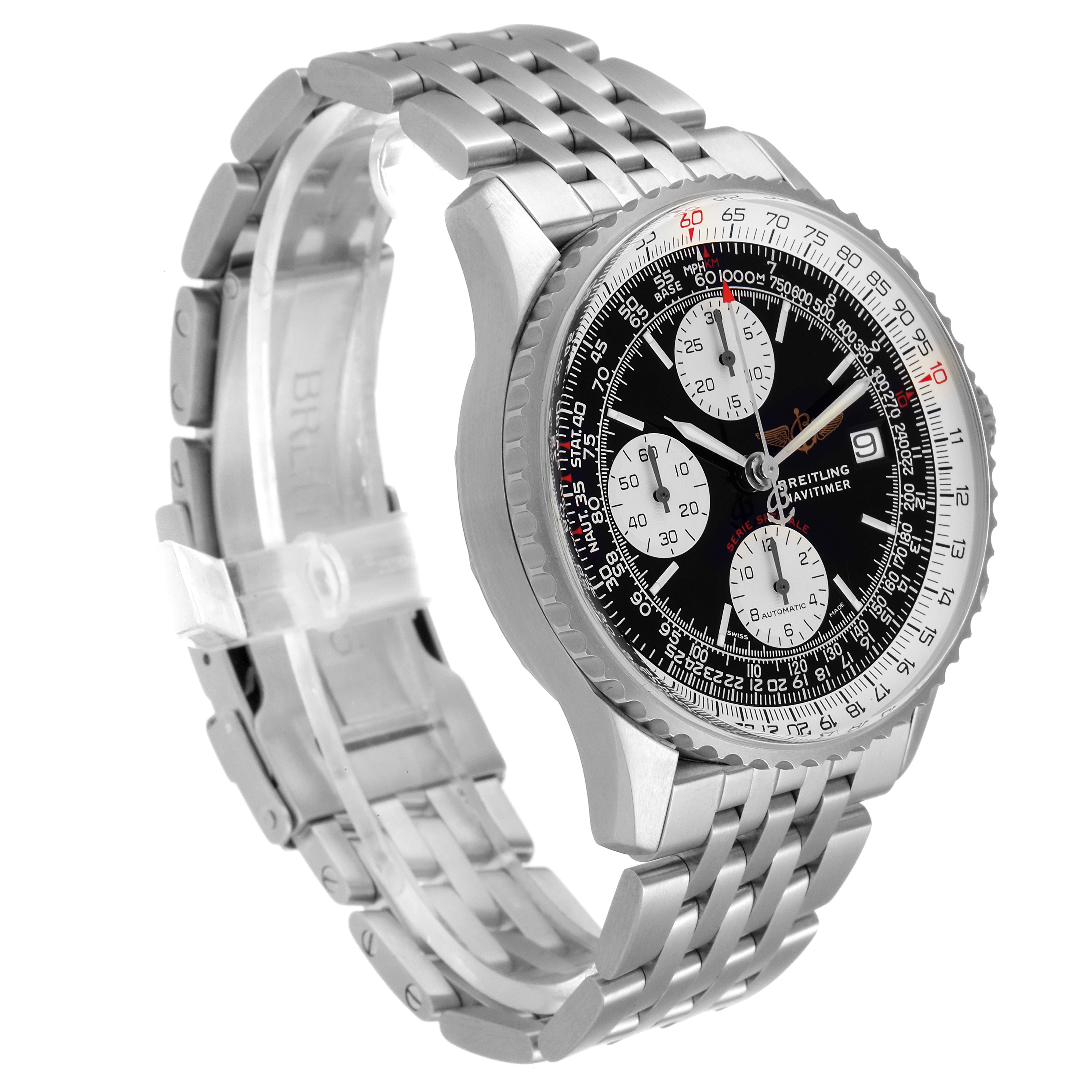 The Breitling Navitimer A13330 Men
s Stainless Steel Black Dial A13330 Men
s Stainless Steel Black Dial watch is shown from an angled front view, displaying the face and metal bracelet.