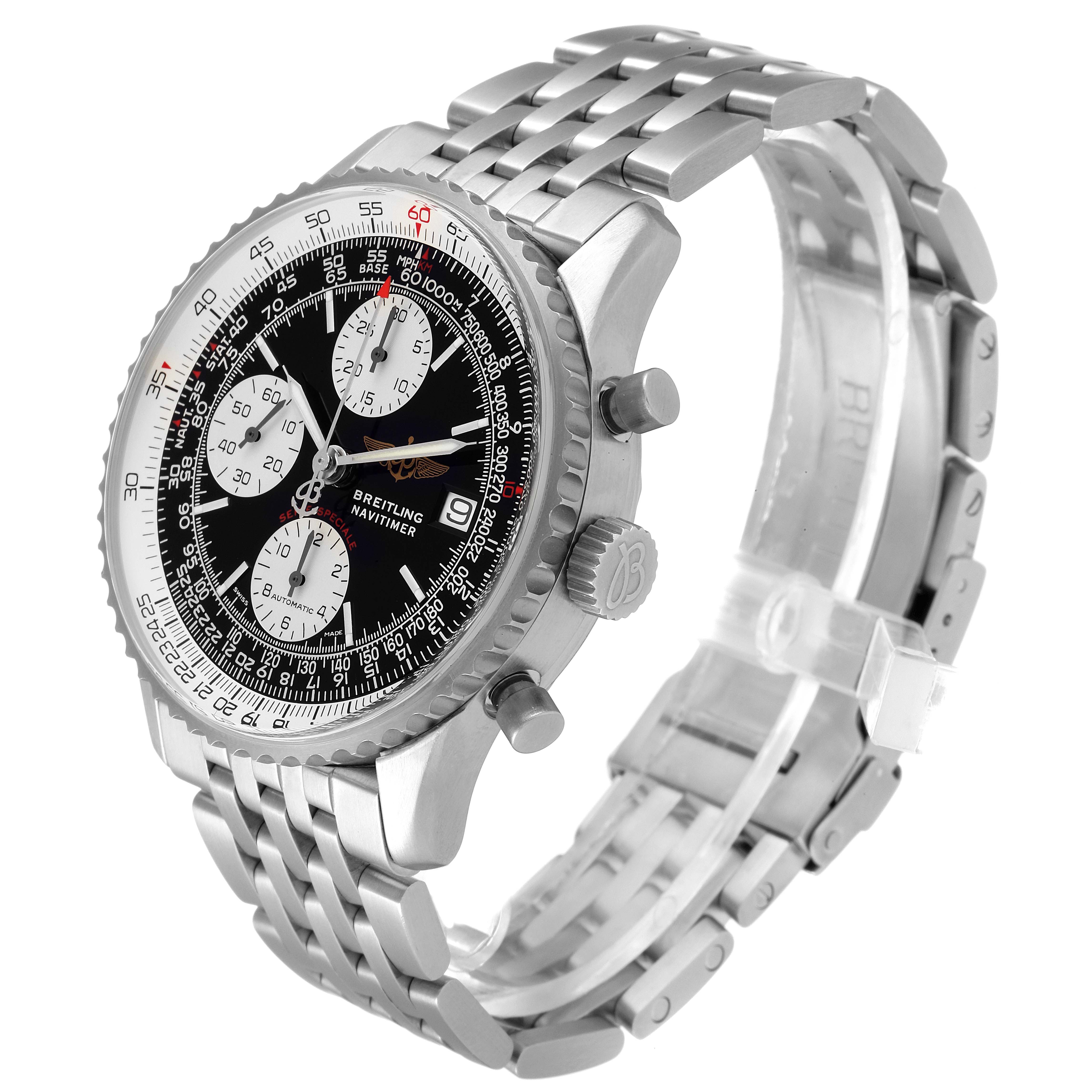 This image shows a Breitling Navitimer A13330 Men
s Stainless Steel Black Dial A13330 Men
s Stainless Steel Black Dial watch from a front-angle view, highlighting the dial, bezel, crown, and metal bracelet.