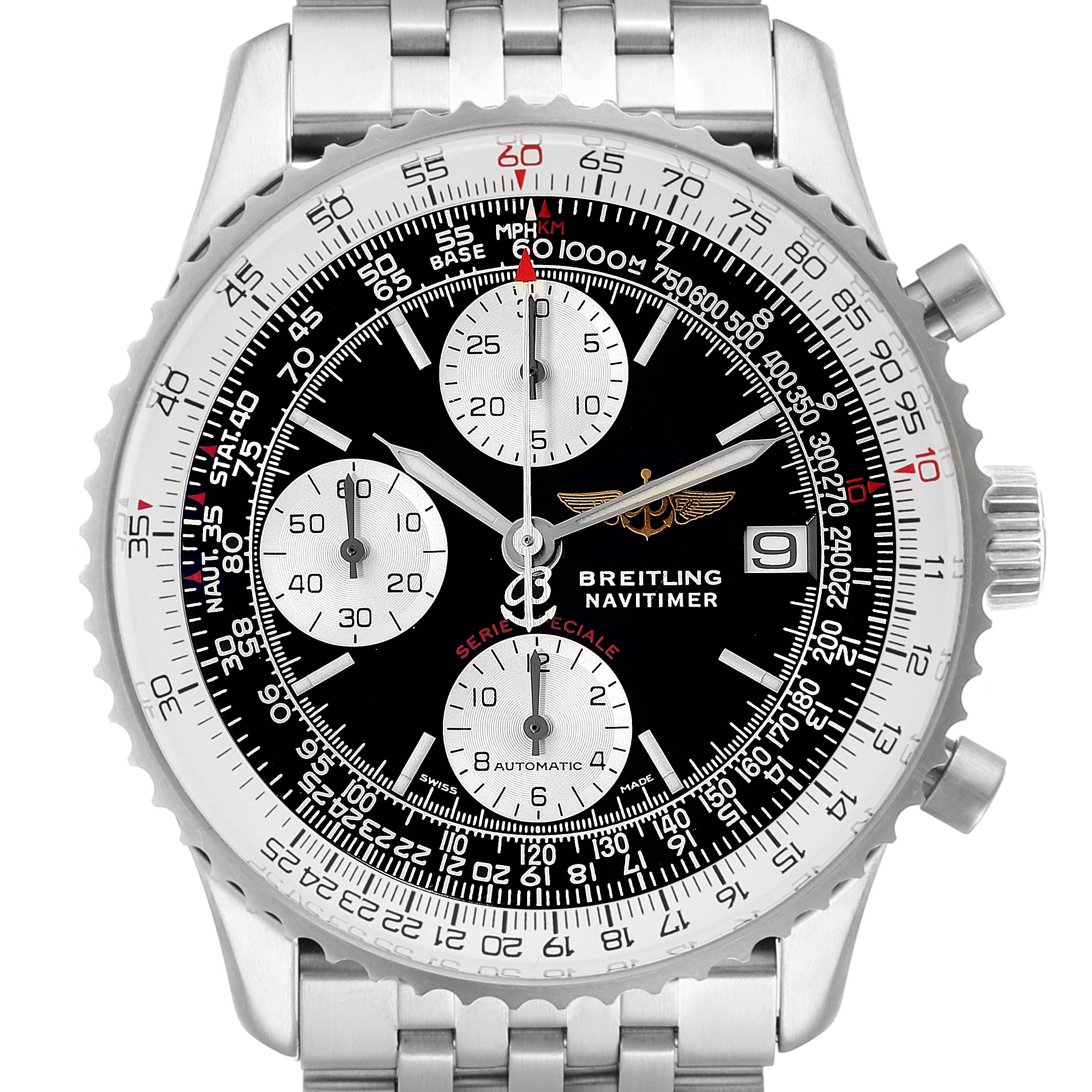The image shows a front view of a Breitling Navitimer A13330 Men
s Stainless Steel Black Dial A13330 Men
s Stainless Steel Black Dial watch, highlighting its dial, bezel, sub-dials, and bracelet.