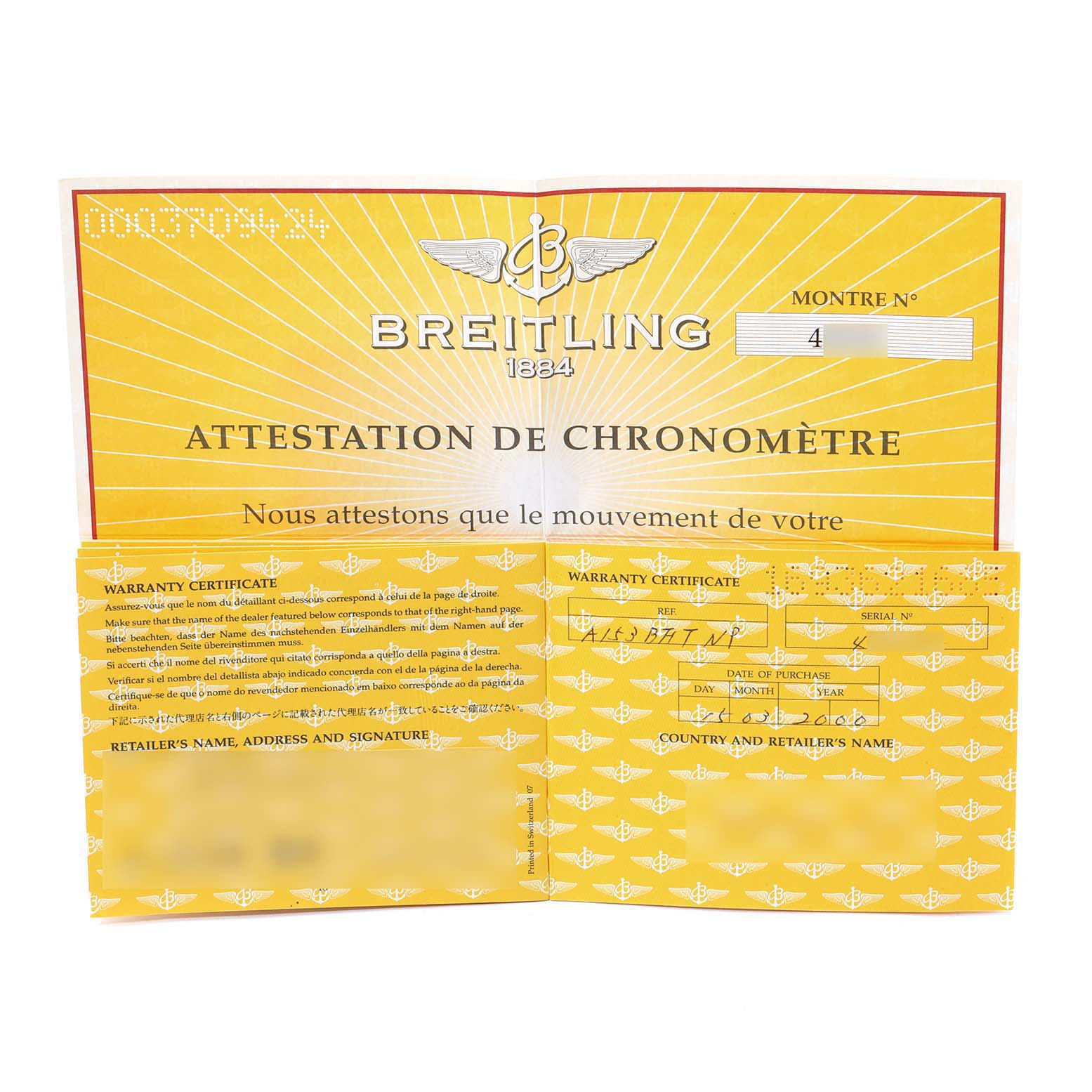 This image shows the warranty certificate and chronometer attestation for a Breitling Navitimer A13330 Men
s Stainless Steel Black Dial A13330 Men
s Stainless Steel Black Dial watch.