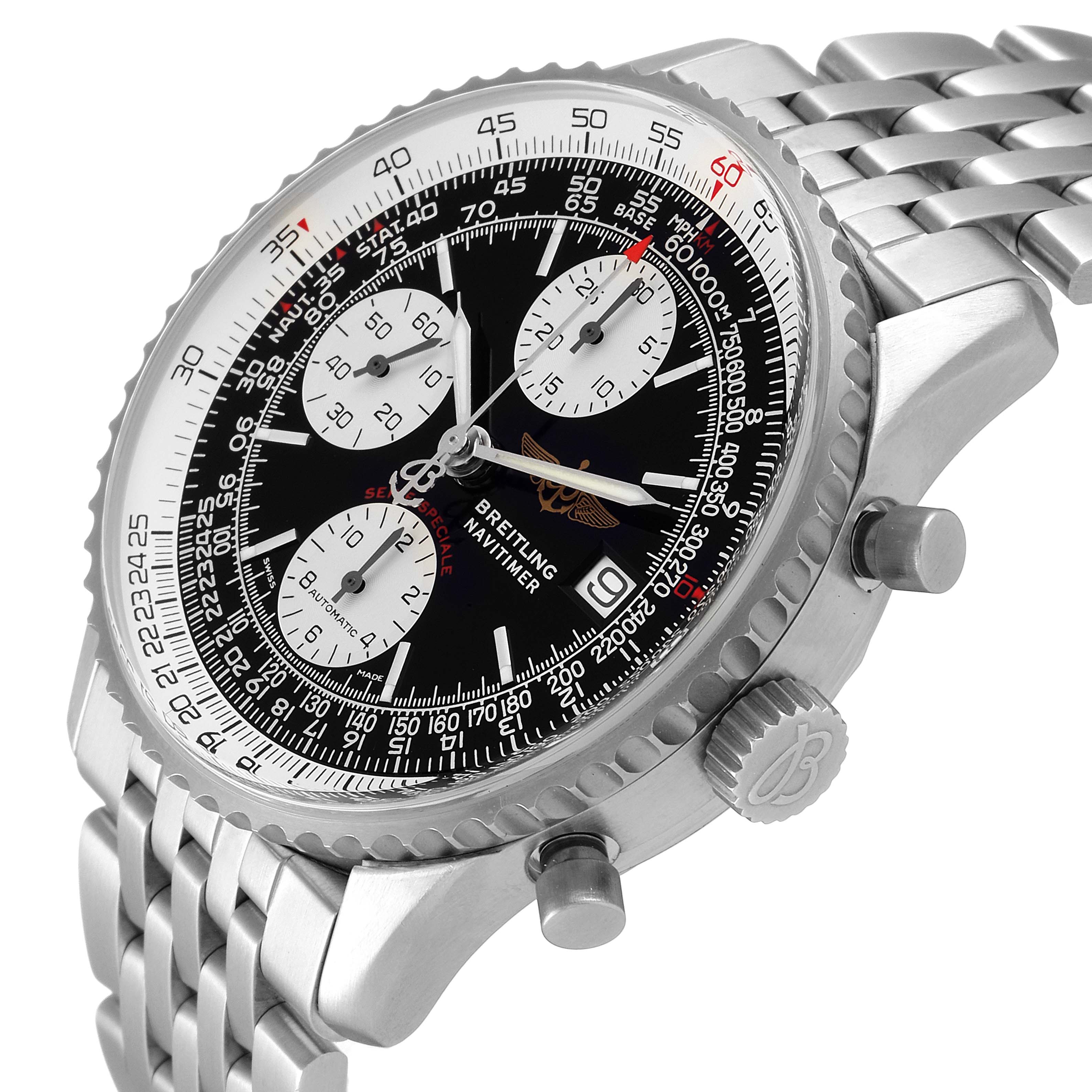 The image shows a close-up side angle of a Breitling Navitimer A13330 Men
s Stainless Steel Black Dial A13330 Men
s Stainless Steel Black Dial watch, highlighting its dial, bezel, pushers, and stainless steel bracelet.