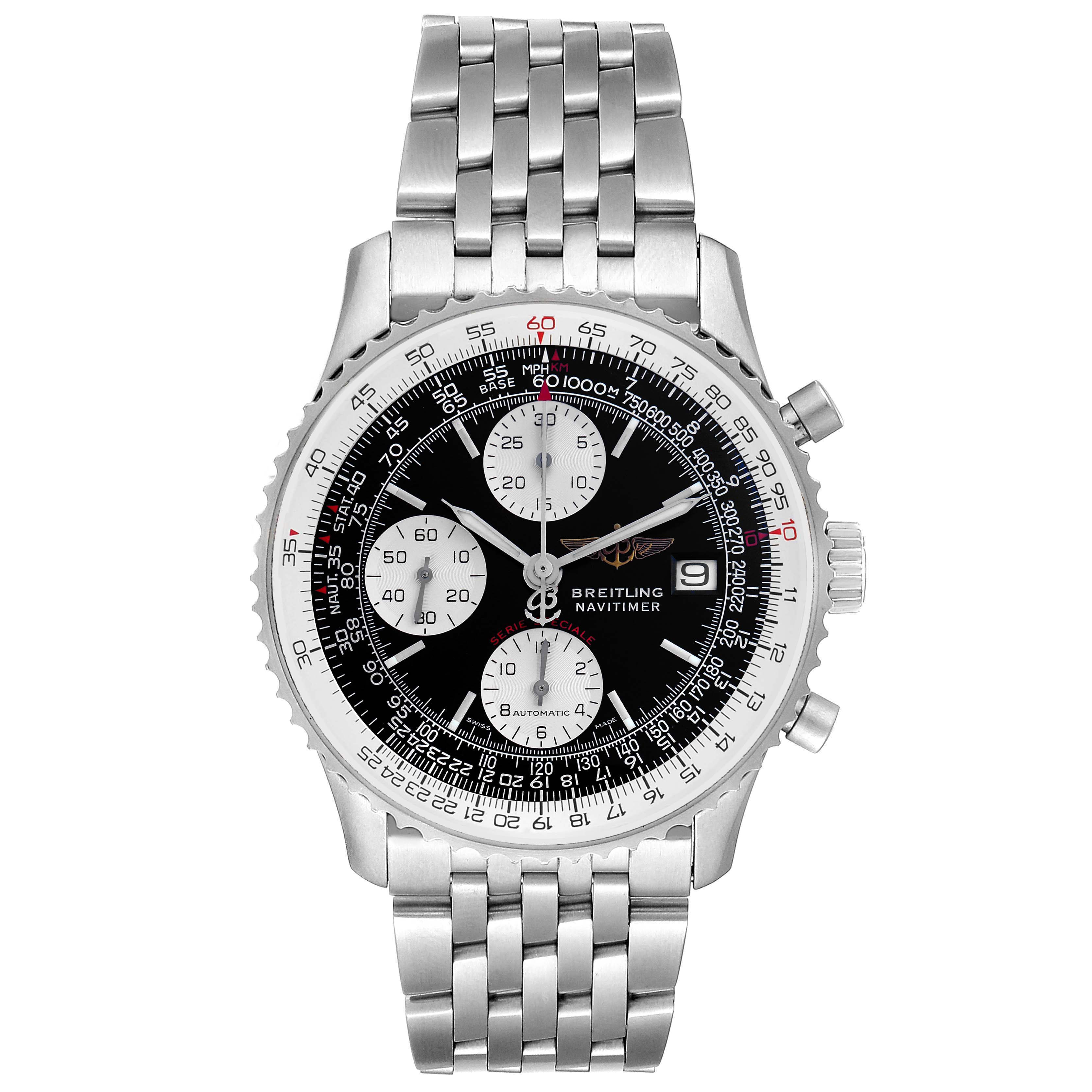 The Breitling Navitimer A13330 Men
s Stainless Steel Black Dial A13330 Men
s Stainless Steel Black Dial watch is shown from a front angle, highlighting the dial, bezel, hands, and metal bracelet.