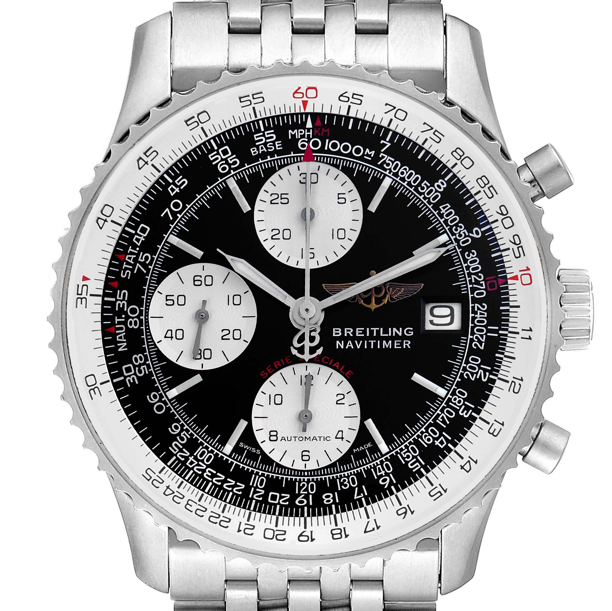 The Breitling Navitimer A13330 Men
s Stainless Steel Black Dial A13330 Men
s Stainless Steel Black Dial watch is shown from a front angle, displaying the dial, bezel, and part of the bracelet.