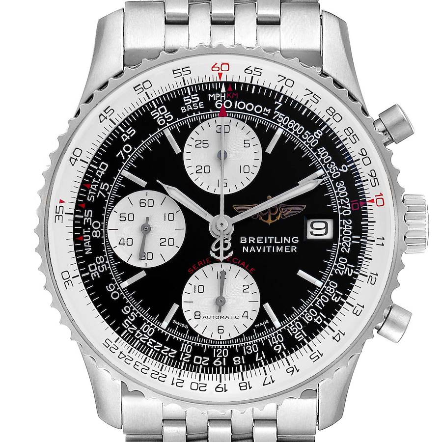The Breitling Navitimer watch is shown from a front angle, displaying the dial, bezel, and part of the bracelet.