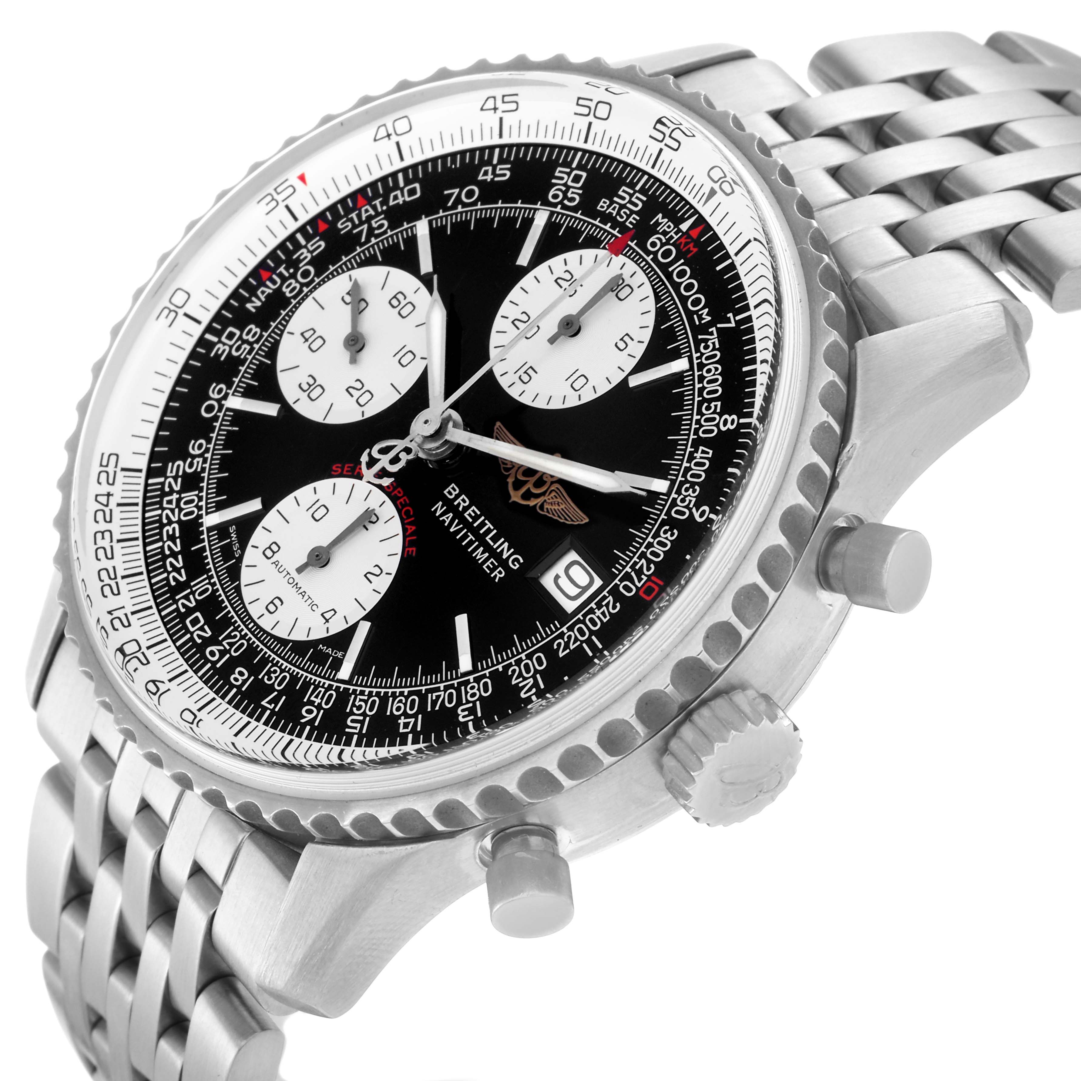 The Breitling Navitimer A13330 Men
s Stainless Steel Black Dial A13330 Men
s Stainless Steel Black Dial watch is shown at an angled view, highlighting the dial, bezel, crown, pushers, and bracelet.