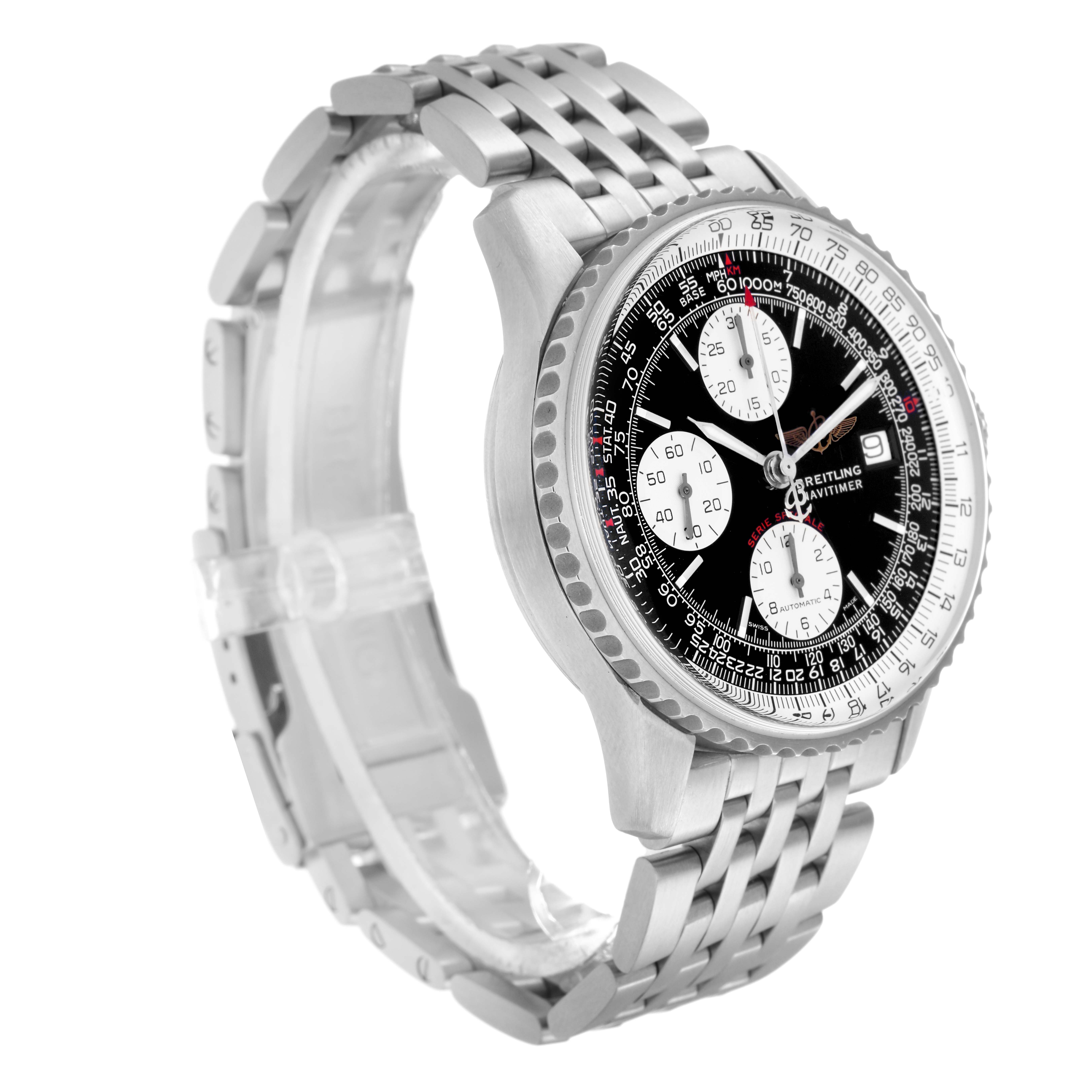 The Breitling Navitimer A13330 Men
s Stainless Steel Black Dial A13330 Men
s Stainless Steel Black Dial watch is shown at a three-quarter angle, revealing the face, bezel, and bracelet.