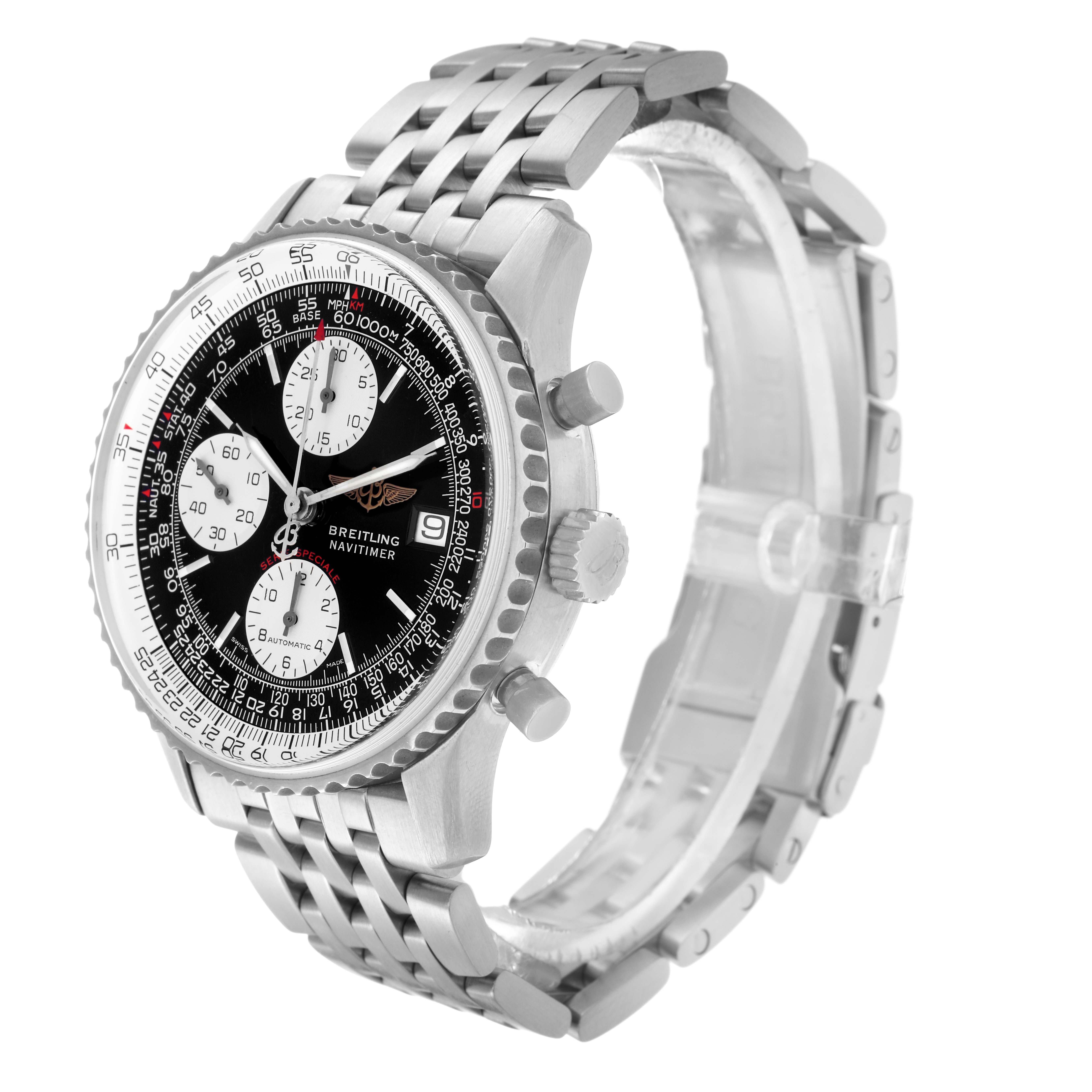 The Breitling Navitimer A13330 Men
s Stainless Steel Black Dial A13330 Men
s Stainless Steel Black Dial watch is shown at a three-quarter angle, displaying the face, bezel, pushers, and metal bracelet.
