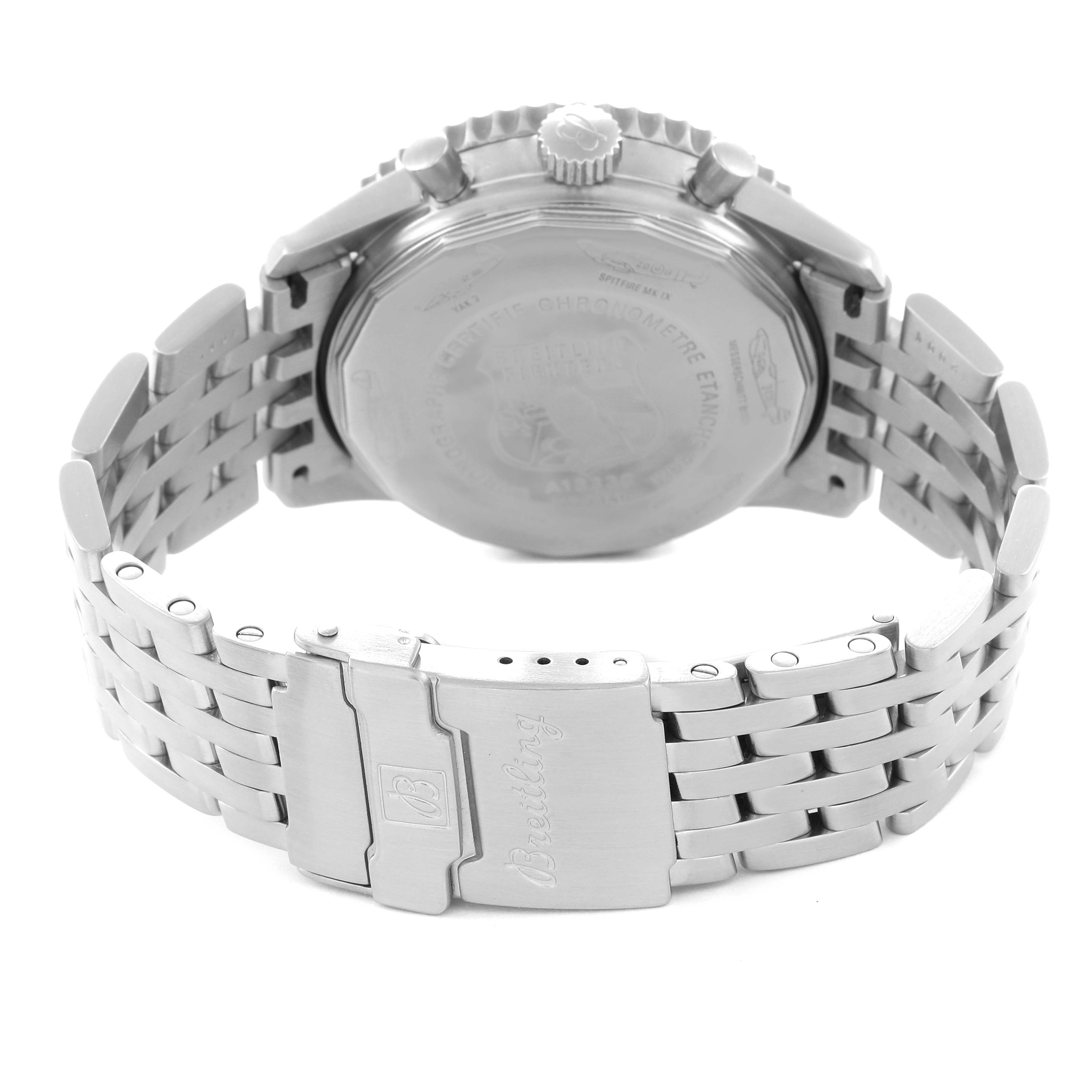 The image shows the back case and bracelet of a Breitling Navitimer A13330 Men
s Stainless Steel Black Dial A13330 Men
s Stainless Steel Black Dial watch from a rear angle.