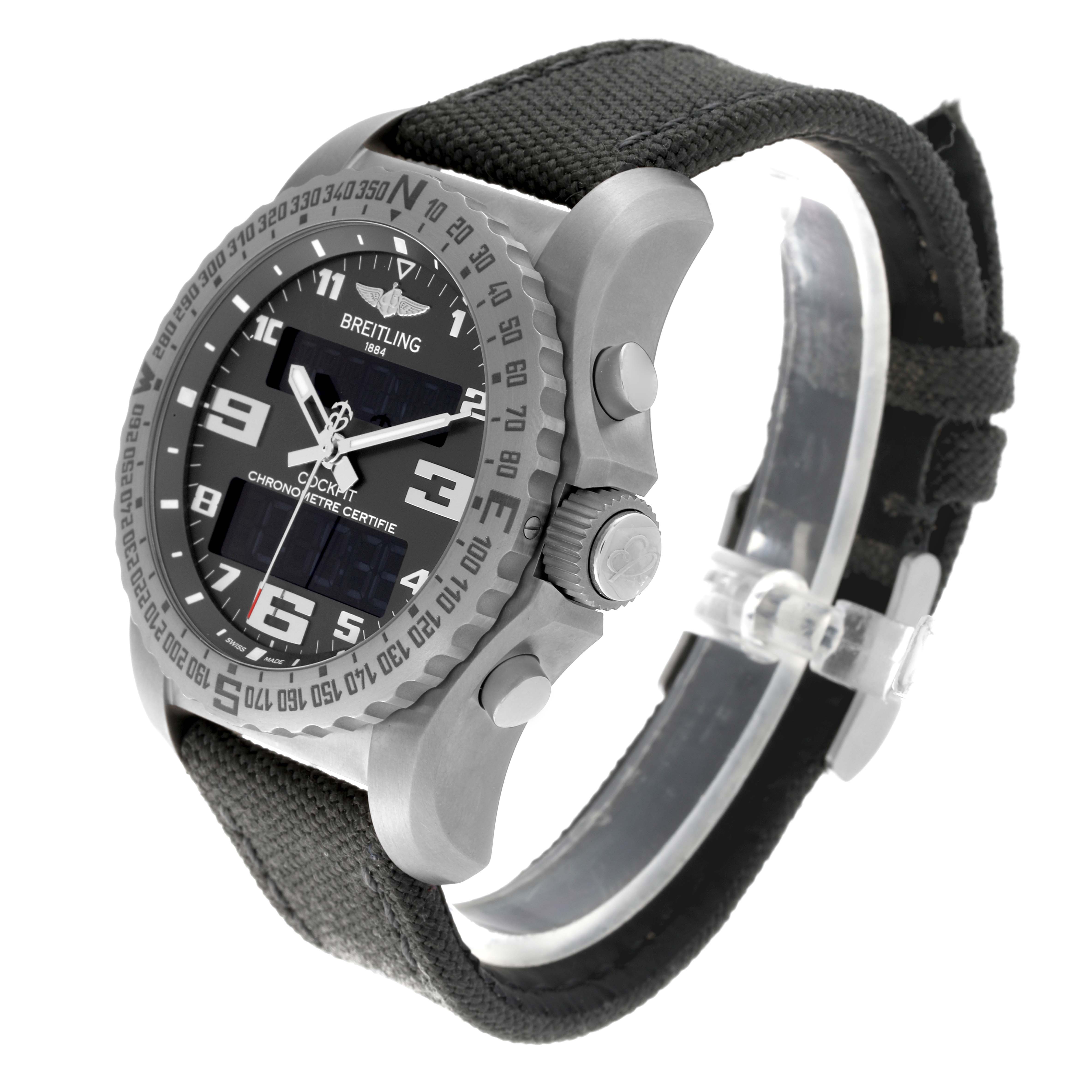 The Breitling Professional Series EB5010 Men's Titanium Grey Dial EB5010 Men's Titanium Grey Dial watch is shown at a slight angle revealing its bezel, crown, digital and analog display, and band.