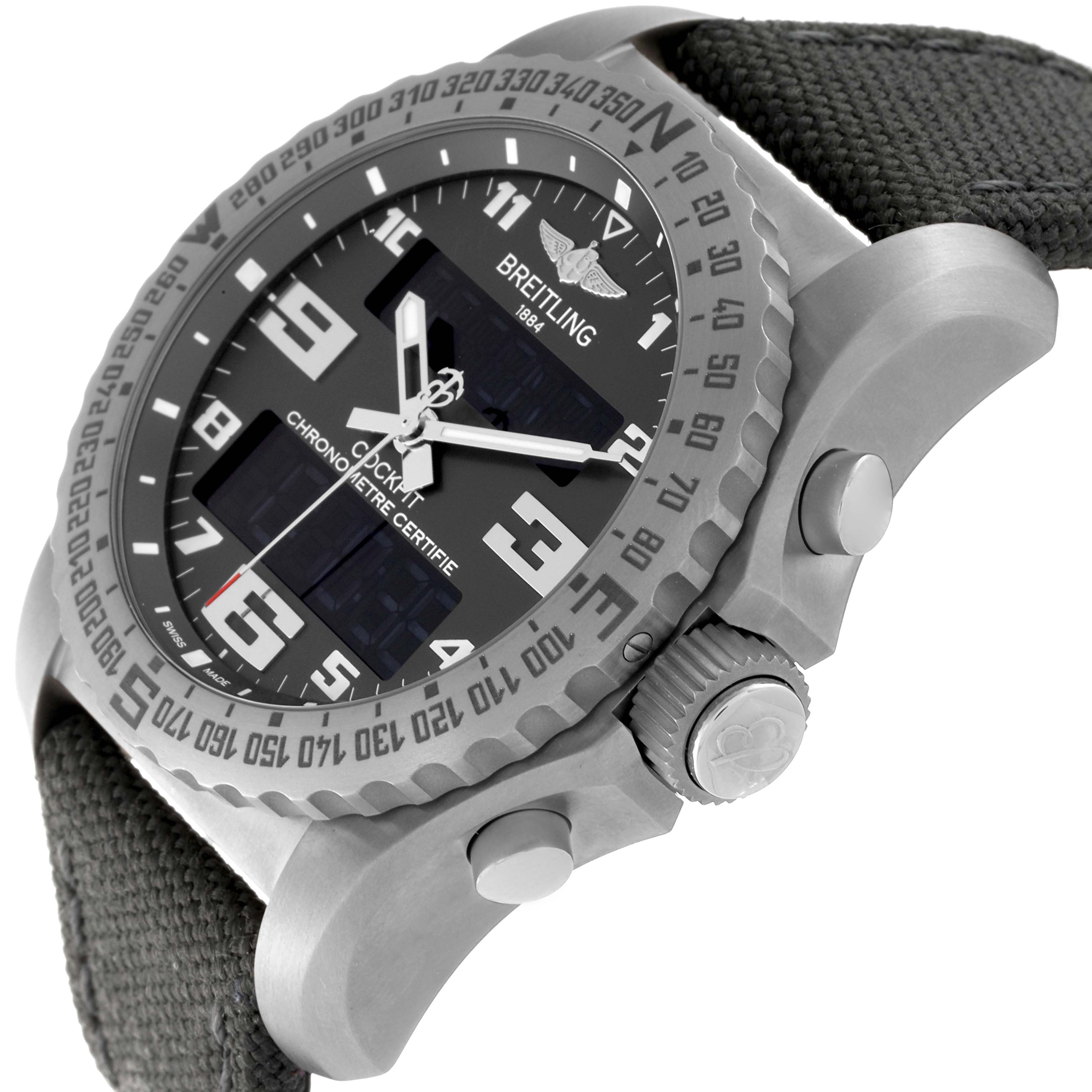 The image shows a Breitling Professional Series EB5010 Men's Titanium Grey Dial EB5010 Men's Titanium Grey Dial Cockpit watch at an angle highlighting its bezel, dial, crown, and strap.