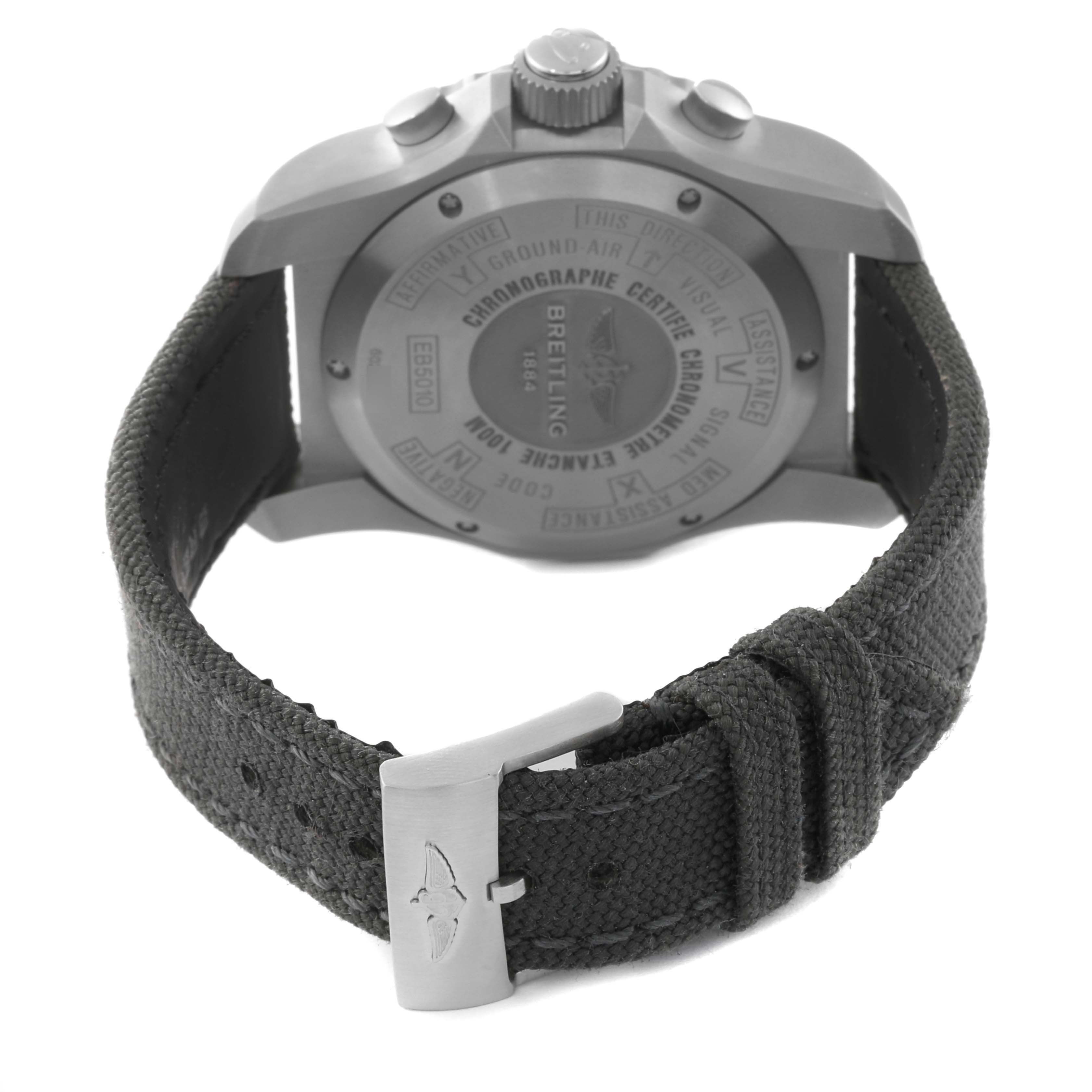 The image shows the back side of a Breitling Professional Series EB5010 Men's Titanium Grey Dial EB5010 Men's Titanium Grey Dial watch, highlighting the case back, strap, and buckle.