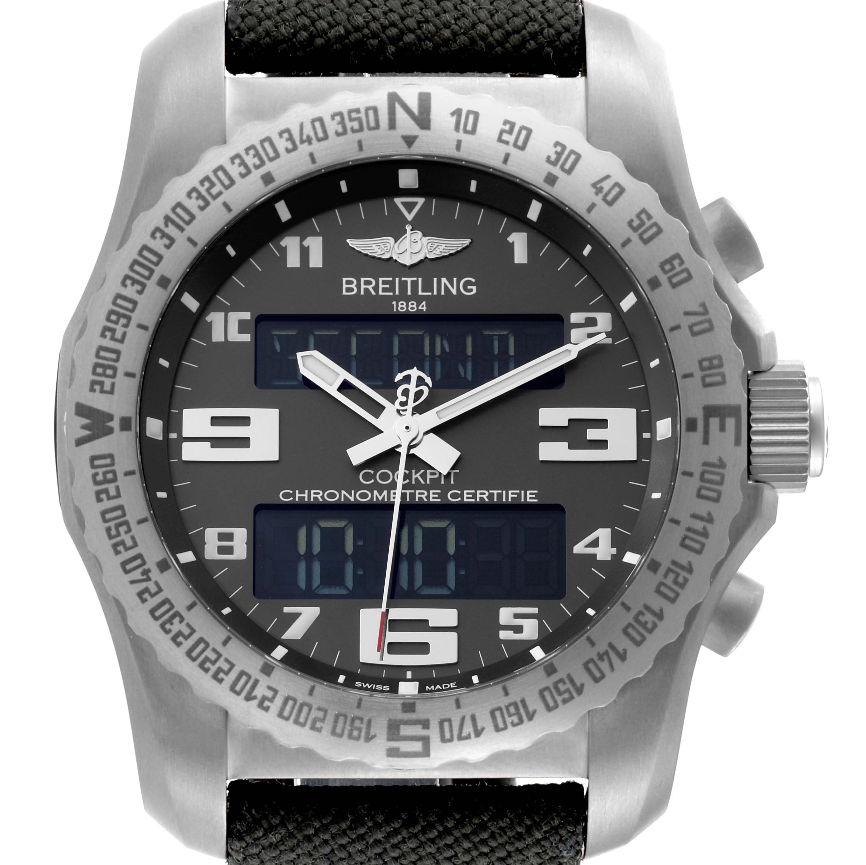 The image shows a front view of a Breitling Professional Series EB5010 Men's Titanium Grey Dial EB5010 Men's Titanium Grey Dial Cockpit watch displaying its face, bezel, and crown.