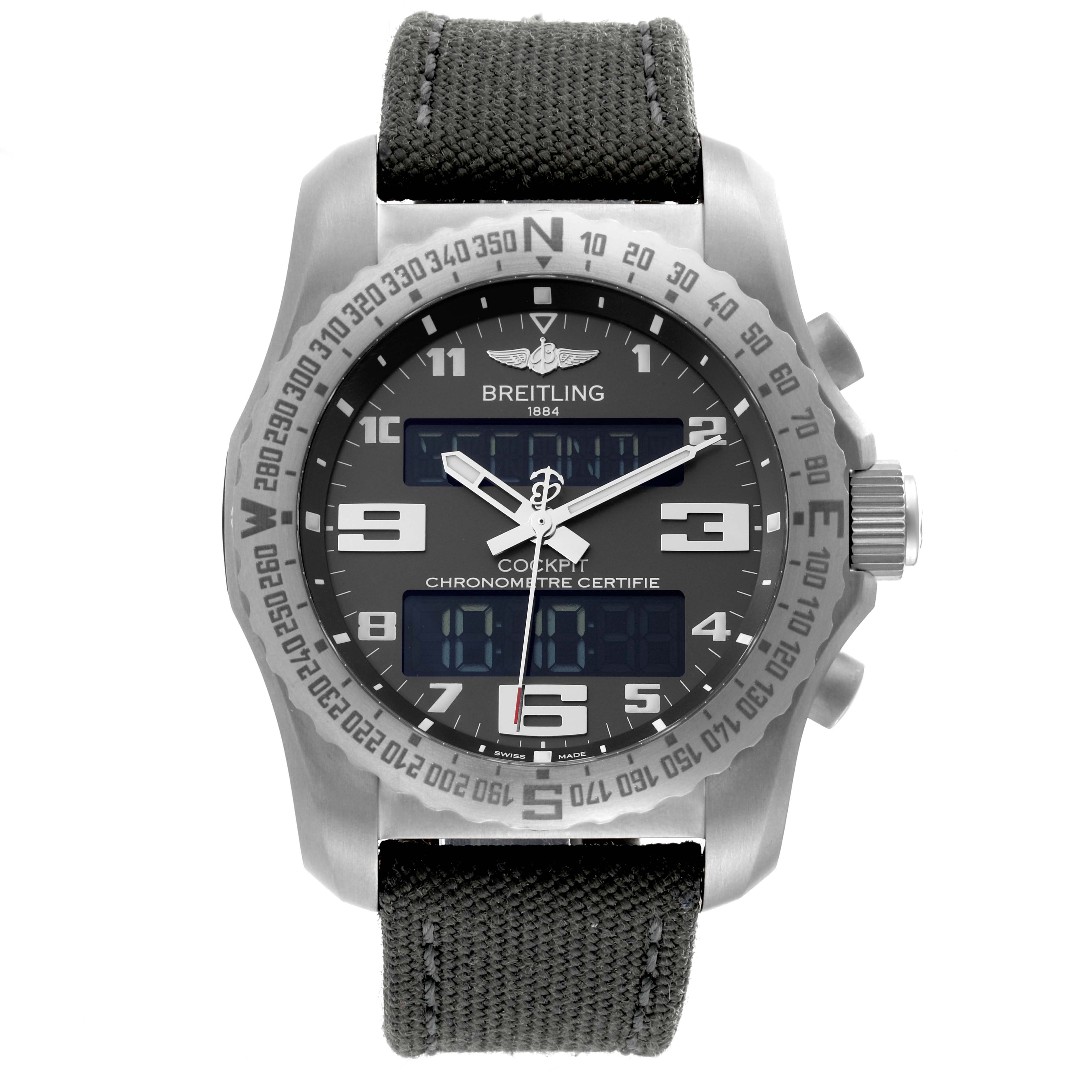 The image shows a front view of a Breitling Professional Series EB5010 Men's Titanium Grey Dial EB5010 Men's Titanium Grey Dial Cockpit watch, displaying the watch face, bezel, and strap.