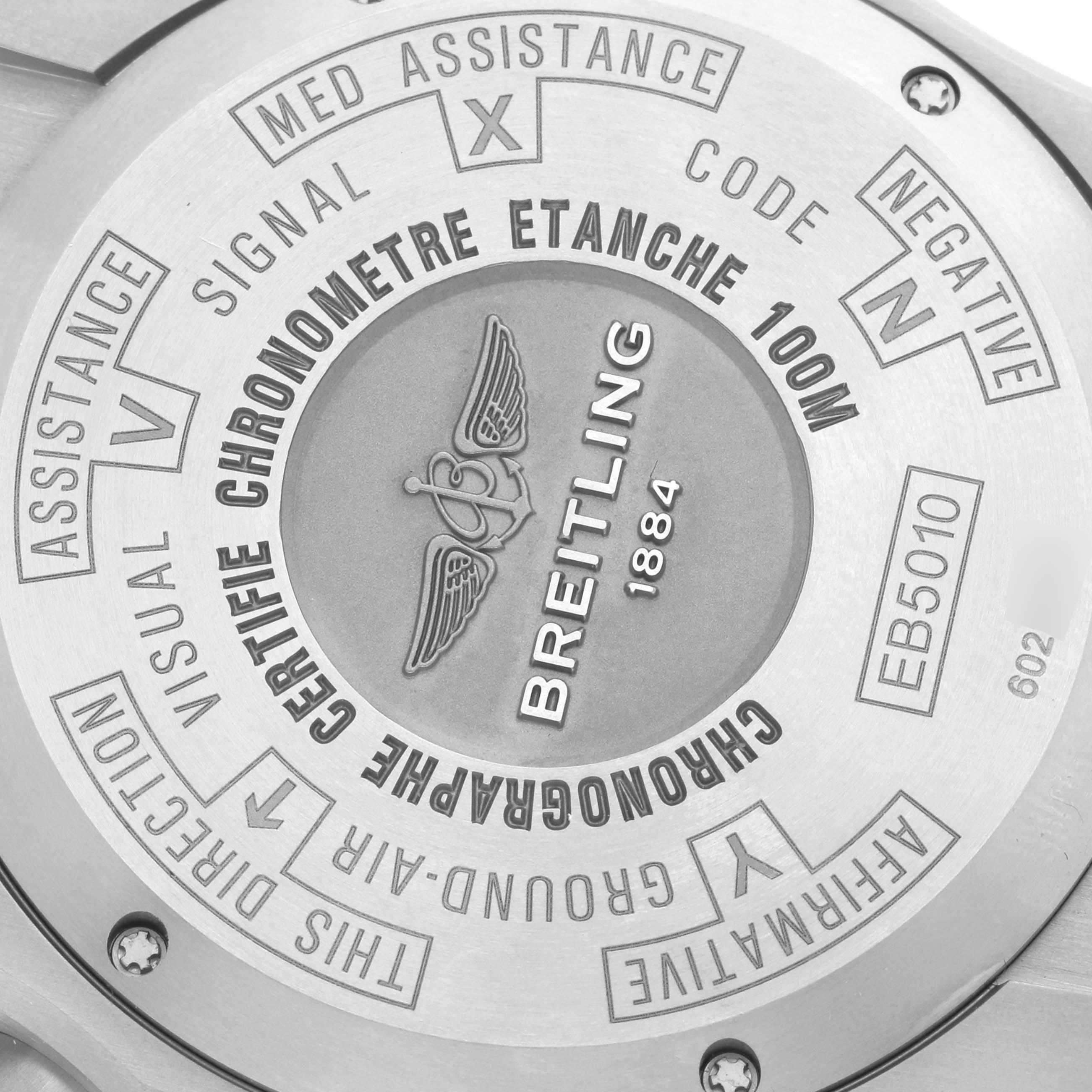 This is a close-up shot of the back case of a Breitling Professional Series EB5010 Men's Titanium Grey Dial EB5010 Men's Titanium Grey Dial watch, showing the engravings and model details.