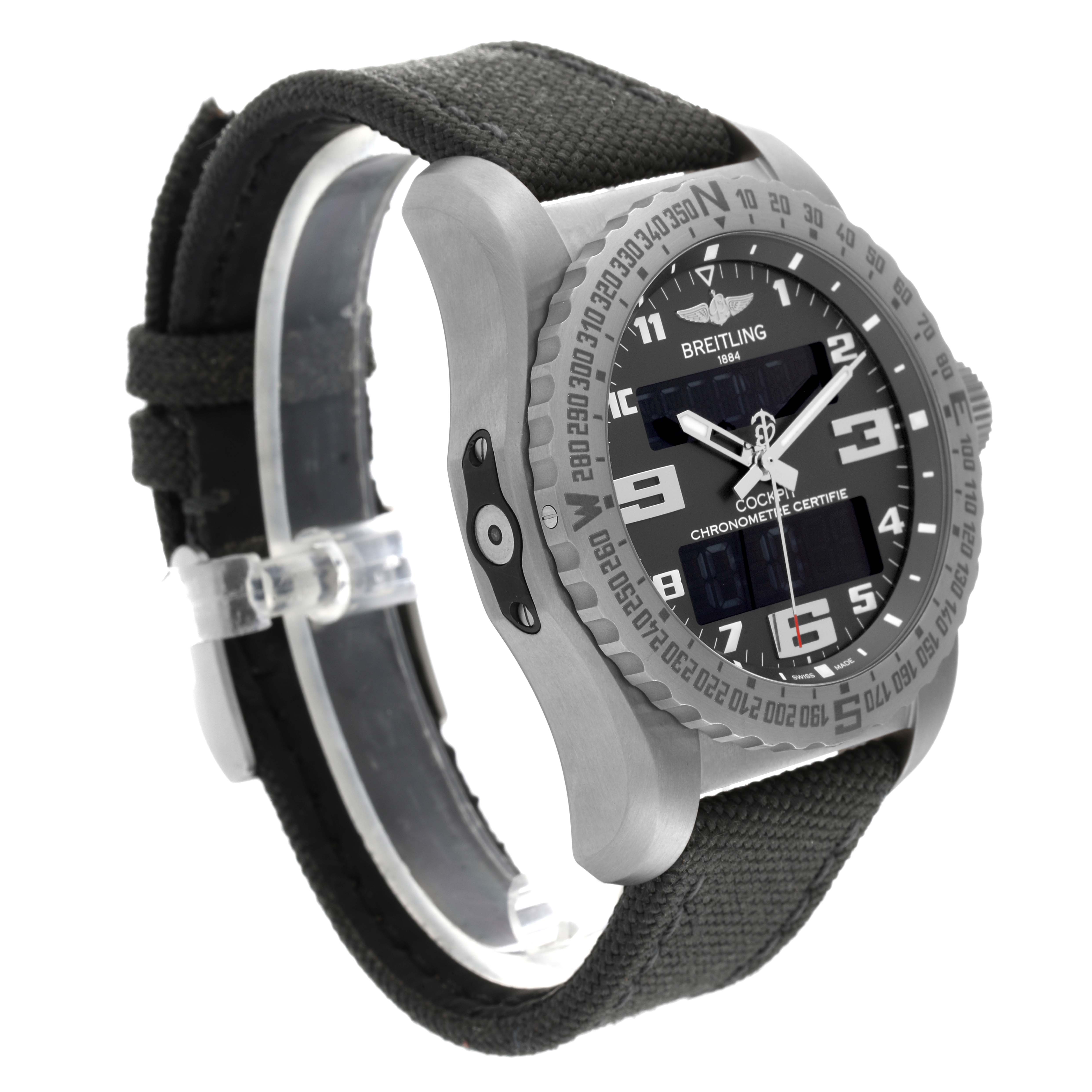 The image shows a Breitling Professional Series EB5010 Men's Titanium Grey Dial EB5010 Men's Titanium Grey Dial watch from a side angle, highlighting the case, bezel, and fabric strap.