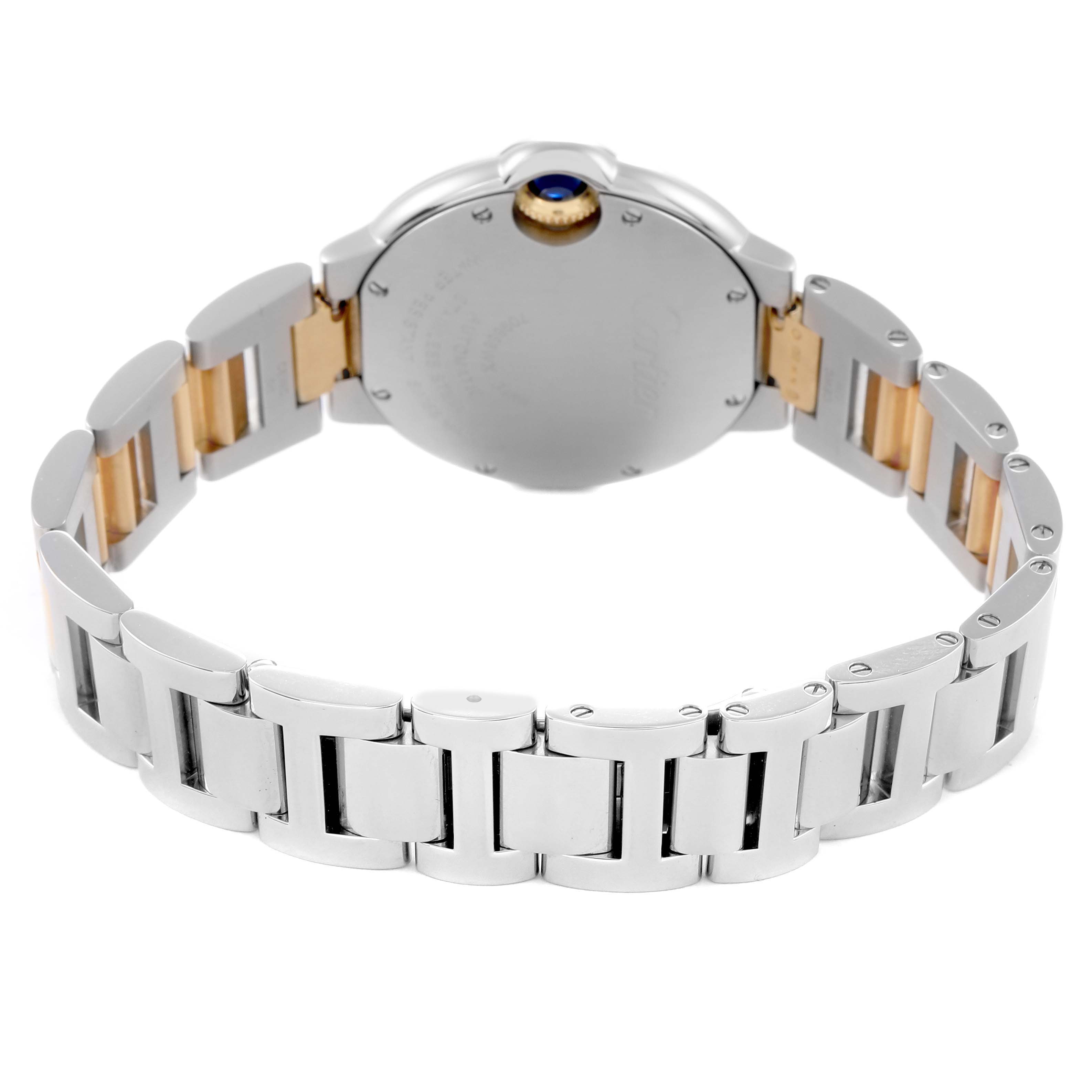 The image shows the back of the Cartier Ballon Bleu W2BB0002 Women's Steel and Gold (two tone) Silver Dial W2BB0002 Women's Steel and Gold (two tone) Silver Dial watch, highlighting the bracelet and case back from a rear angle.