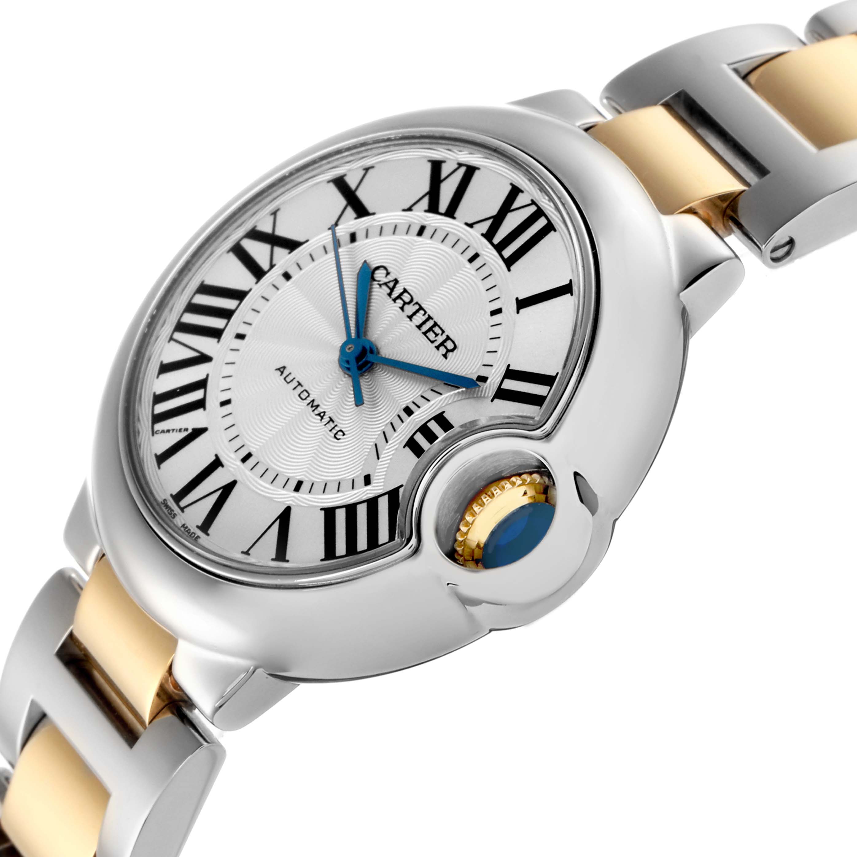 The Cartier Ballon Bleu W2BB0002 Women's Steel and Gold (two tone) Silver Dial W2BB0002 Women's Steel and Gold (two tone) Silver Dial watch is shown from an angled side view, highlighting its round case, crown guard, and bracelet.