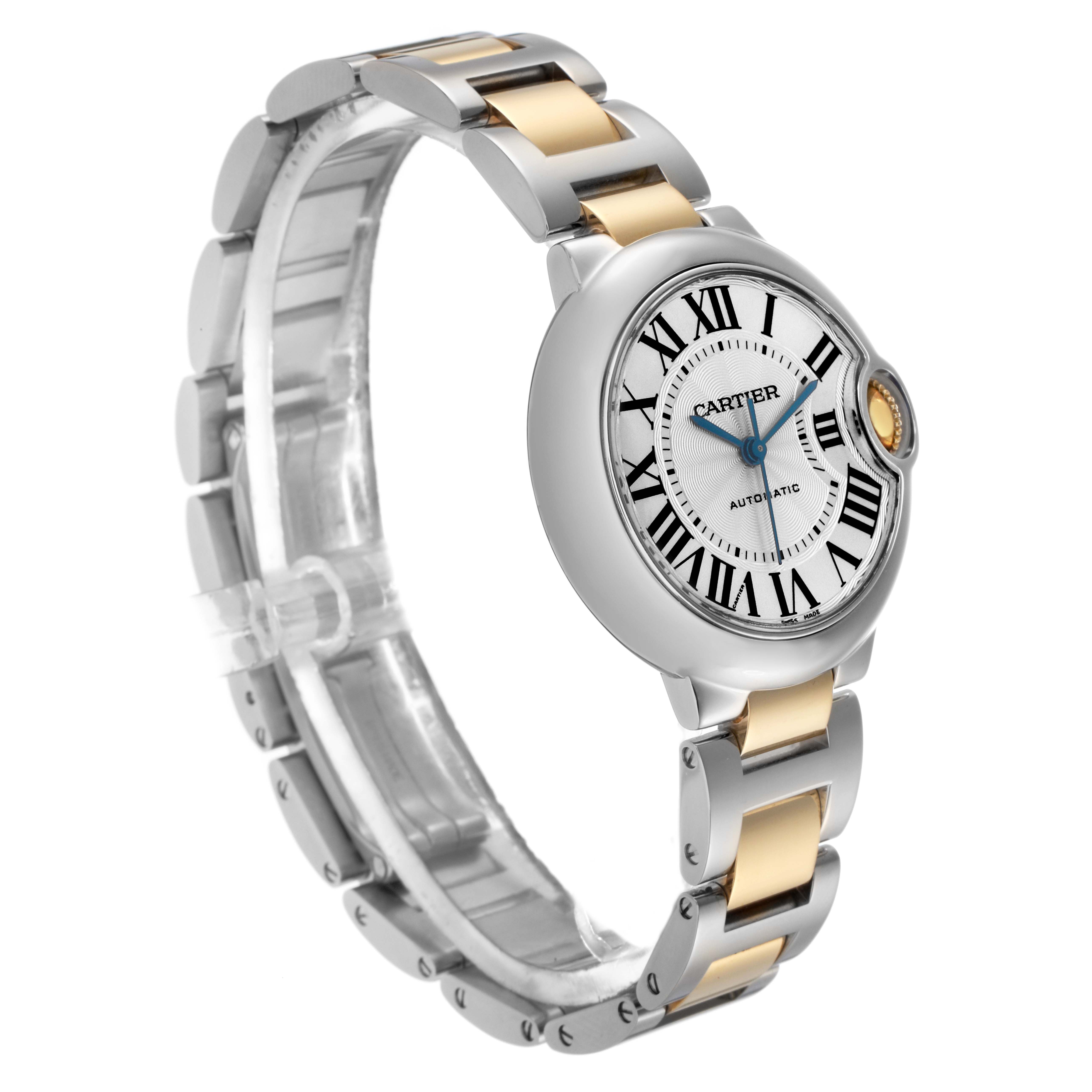 The Cartier Ballon Bleu W2BB0002 Women's Steel and Gold (two tone) Silver Dial W2BB0002 Women's Steel and Gold (two tone) Silver Dial watch is shown at a front angle, highlighting the face, bezel, and two-tone bracelet.