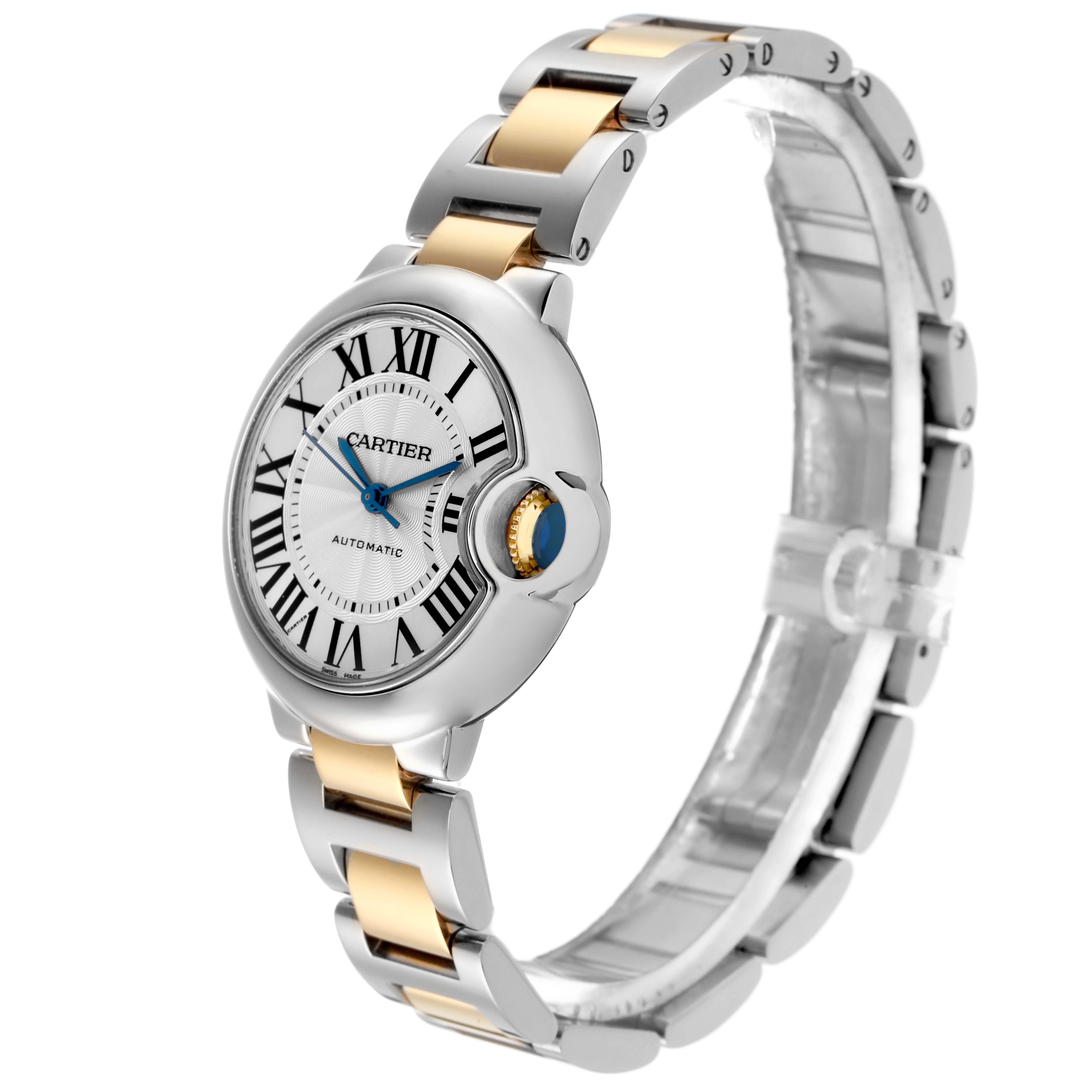 The Cartier Ballon Bleu W2BB0002 Women's Steel and Gold (two tone) Silver Dial W2BB0002 Women's Steel and Gold (two tone) Silver Dial watch is shown from a side angle, displaying the face, bezel, crown, and metal bracelet.