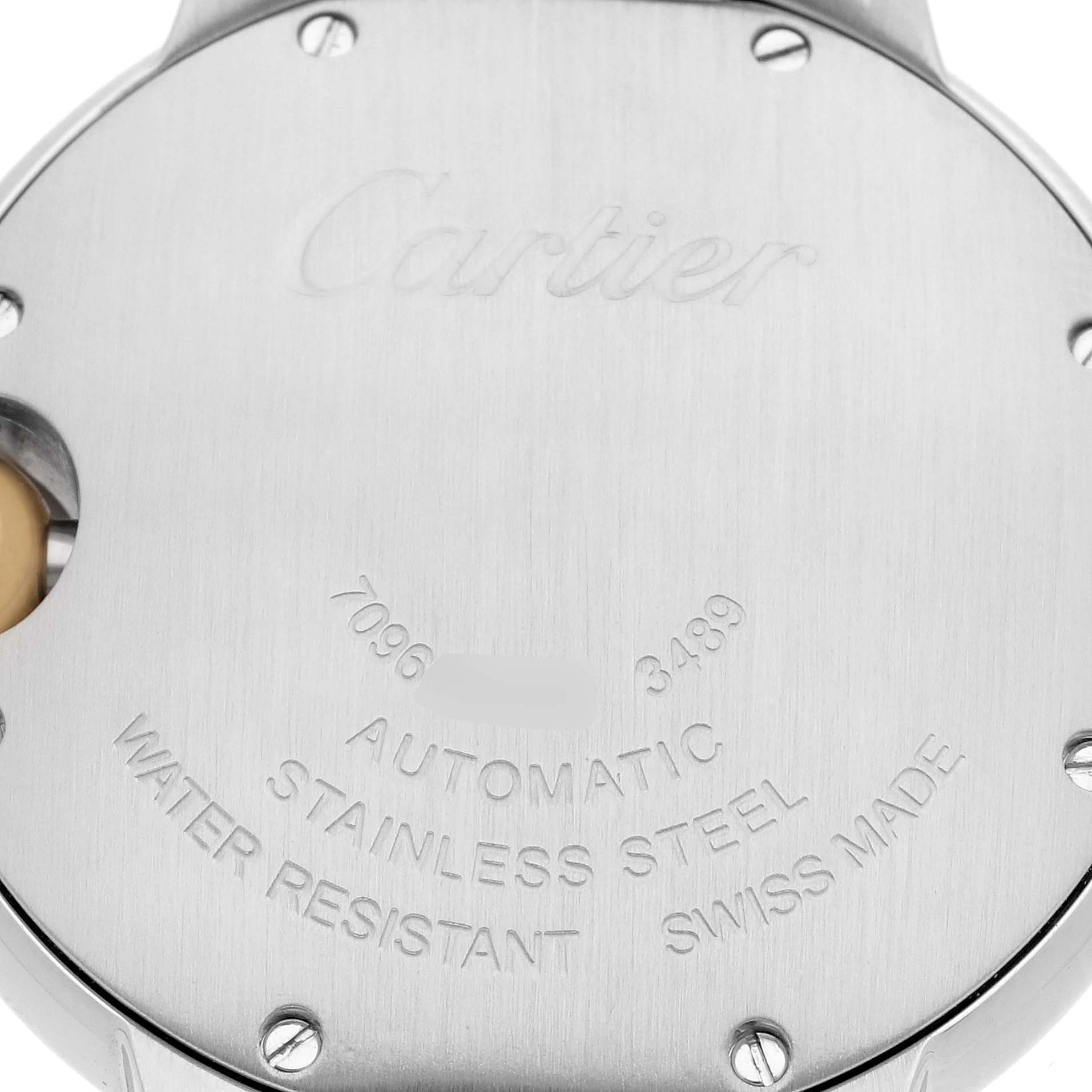 The image shows the back case of a Cartier Ballon Bleu W2BB0002 Women's Steel and Gold (two tone) Silver Dial W2BB0002 Women's Steel and Gold (two tone) Silver Dial watch, highlighting its stainless steel construction and engravings.