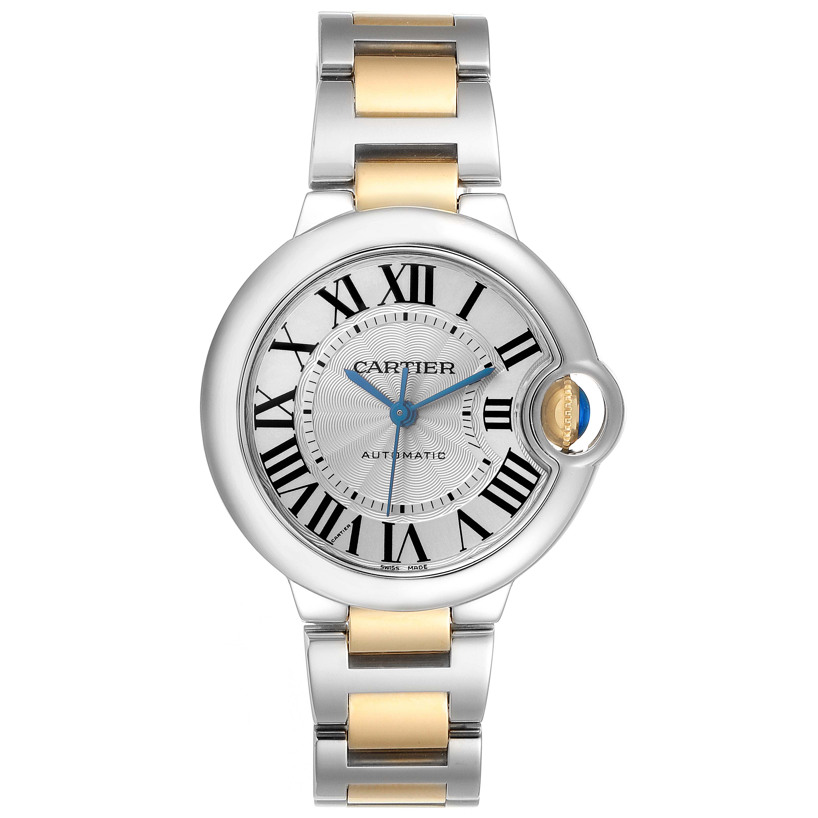The Cartier Ballon Bleu W2BB0002 Women's Steel and Gold (two tone) Silver Dial W2BB0002 Women's Steel and Gold (two tone) Silver Dial watch is shown from the front, featuring a round face, Roman numerals, and a metal bracelet.