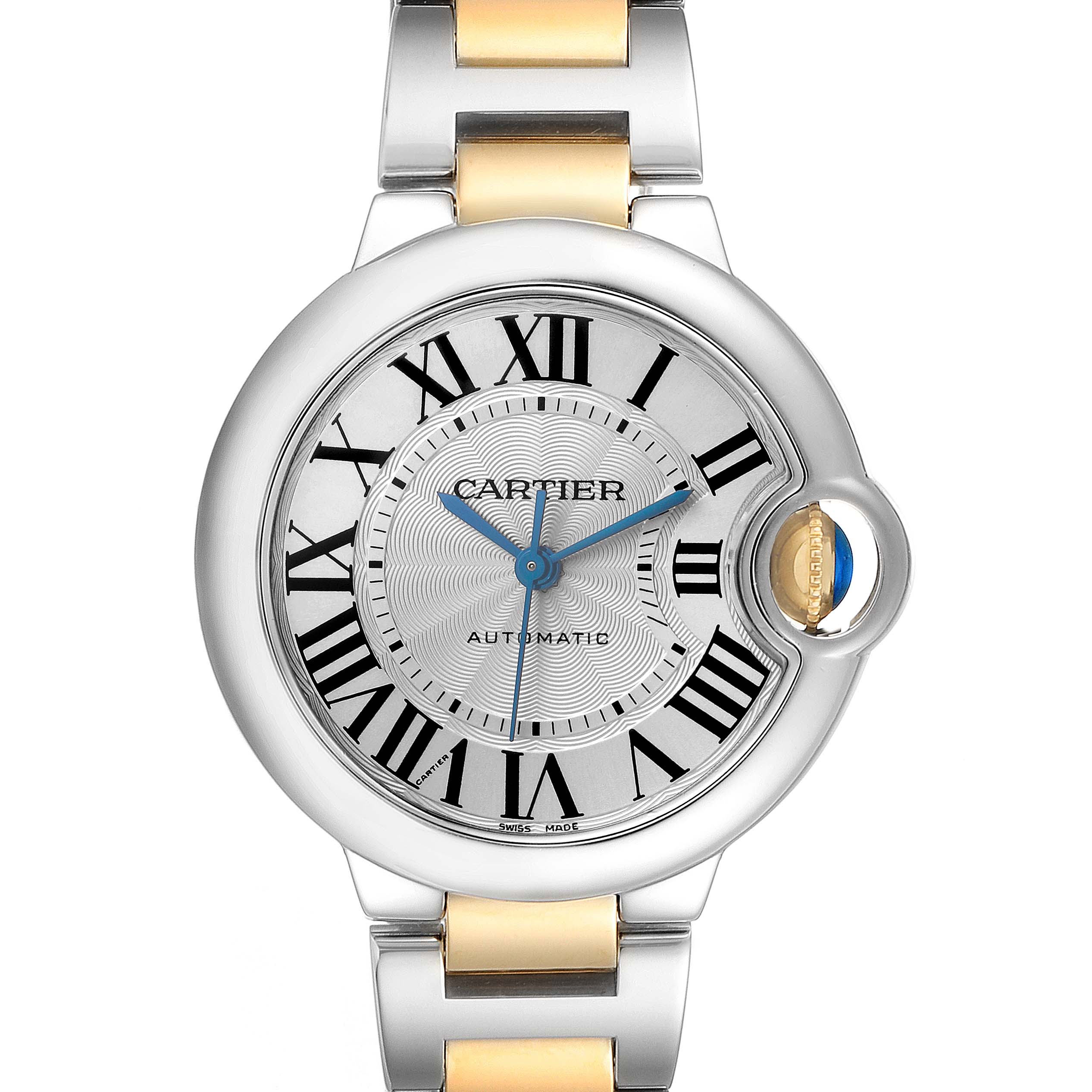 The Cartier Ballon Bleu W2BB0002 Women's Steel and Gold (two tone) Silver Dial W2BB0002 Women's Steel and Gold (two tone) Silver Dial watch is shown from the front, displaying its round face, Roman numerals, and two-tone bracelet.