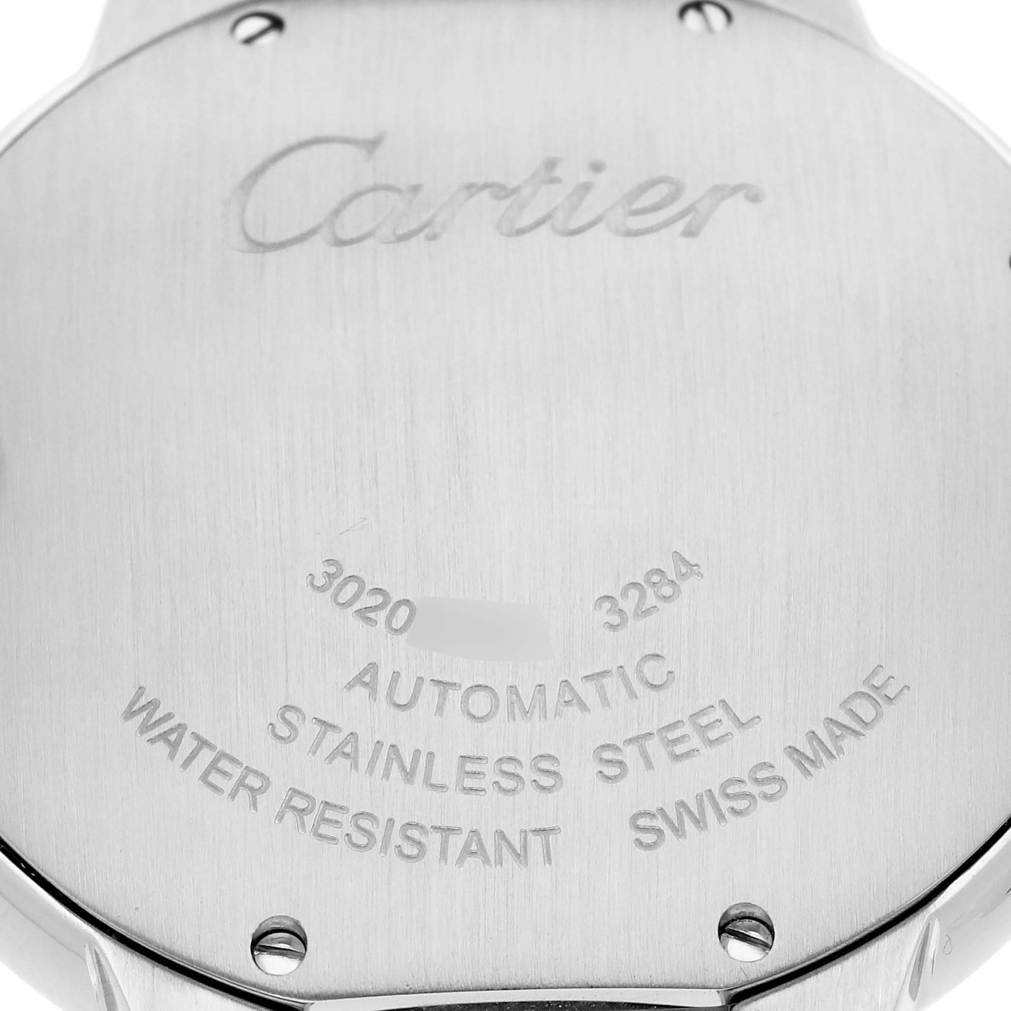 The image shows the back case of a Cartier Ballon Bleu W3BB0018 Men
s Steel and Gold (two tone) Silver Dial W3BB0018 Men
s Steel and Gold (two tone) Silver Dial, highlighting engravings and screws.
