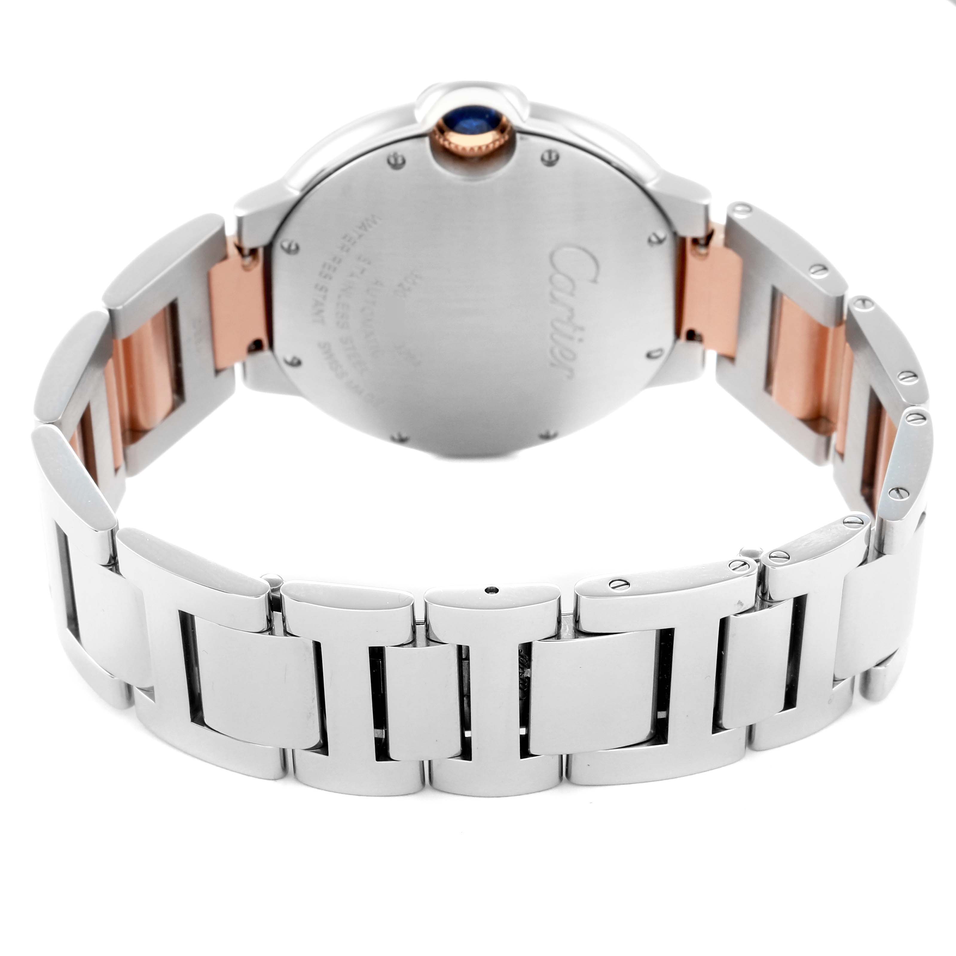 The image shows the back of a Cartier Ballon Bleu W3BB0018 Men
s Steel and Gold (two tone) Silver Dial W3BB0018 Men
s Steel and Gold (two tone) Silver Dial watch, highlighting the case back and part of the bracelet.