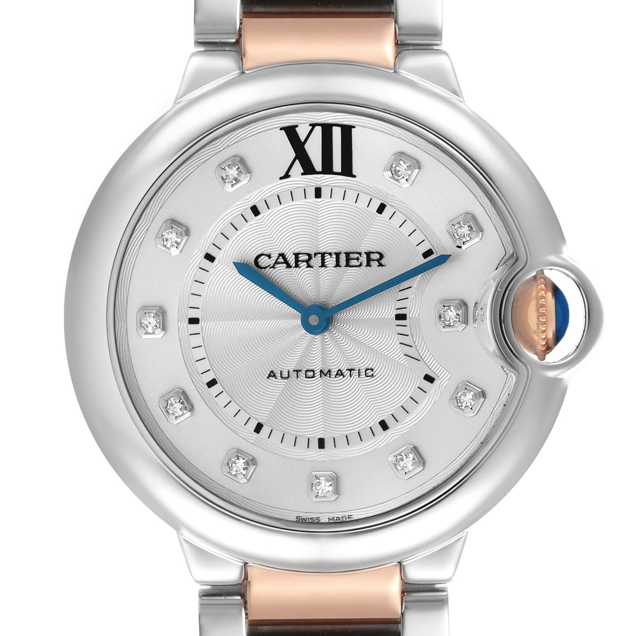 The Cartier Ballon Bleu W3BB0018 Men
s Steel and Gold (two tone) Silver Dial W3BB0018 Men
s Steel and Gold (two tone) Silver Dial watch is shown from the front, highlighting its dial, case, and crown detail.