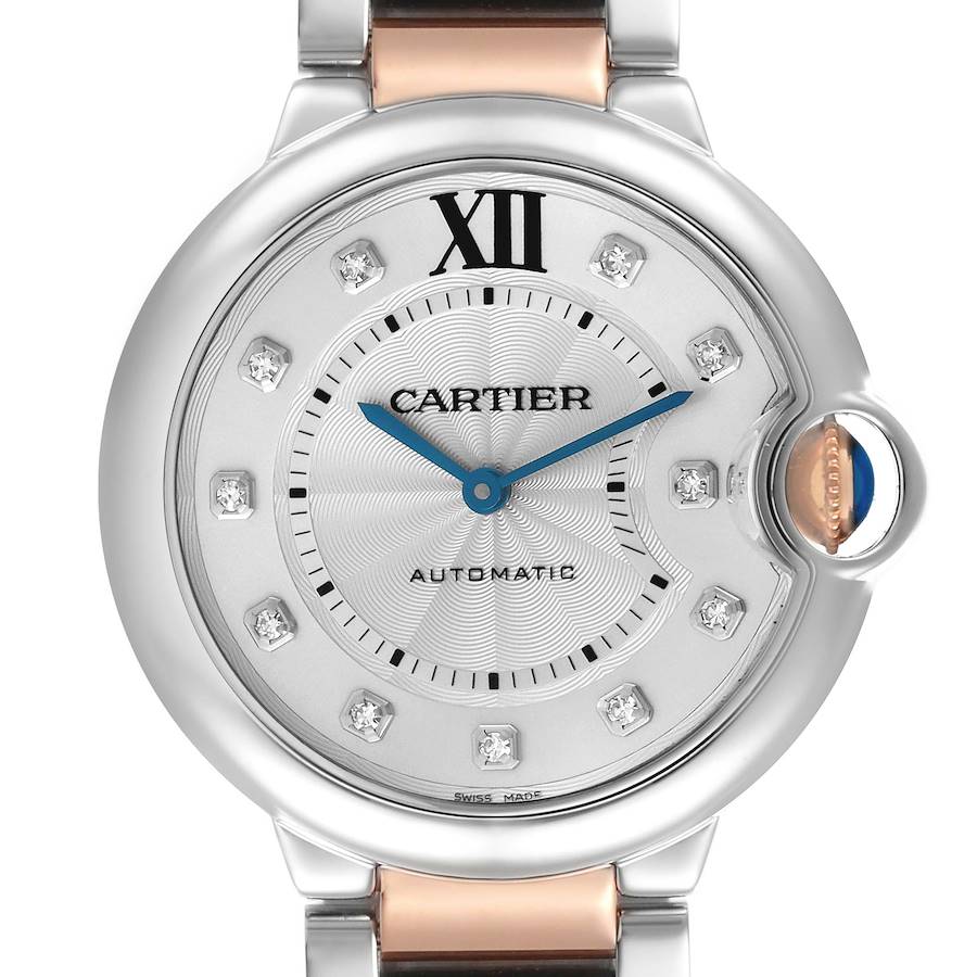 The Cartier Ballon Bleu watch is shown from the front, highlighting its dial, case, and crown detail.