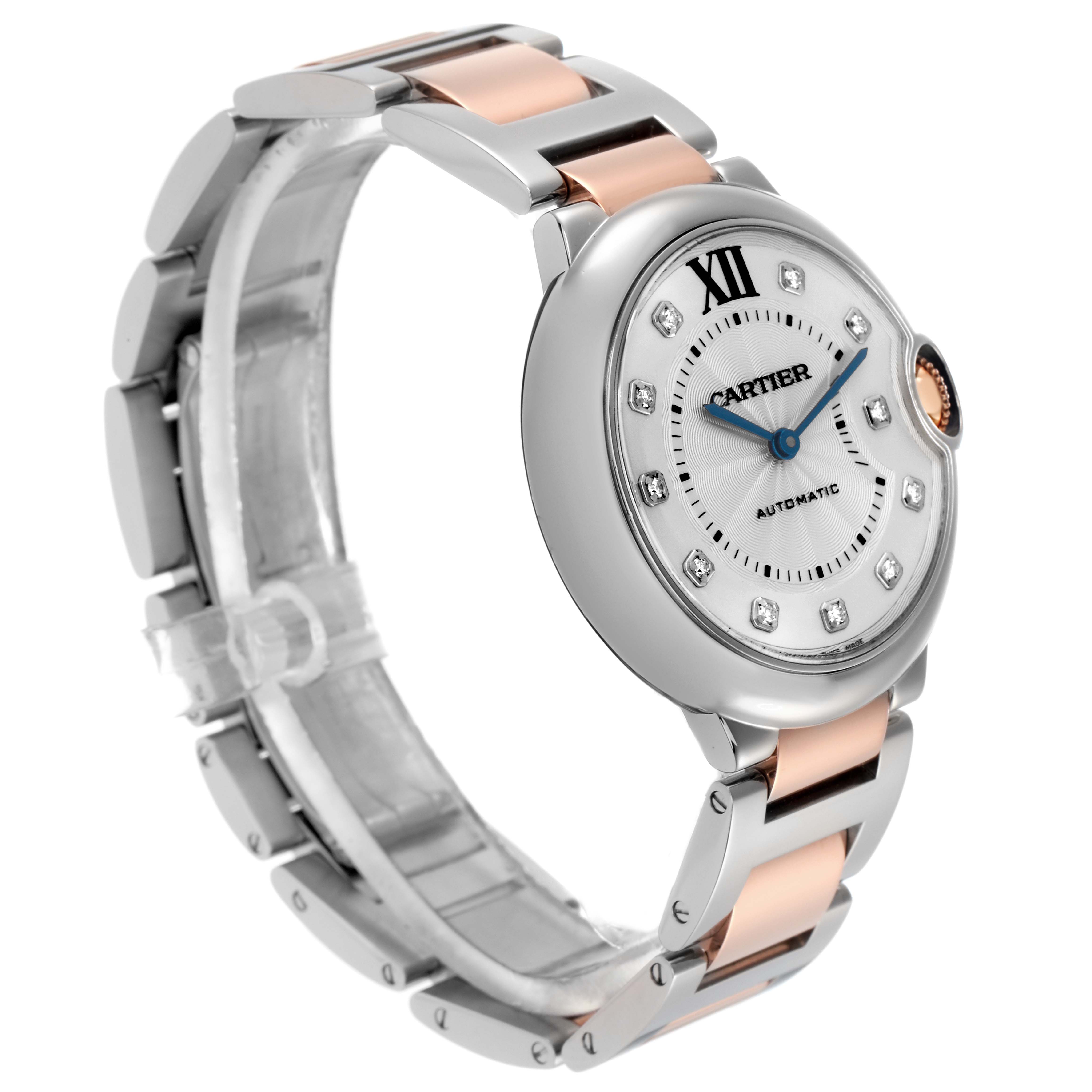 The Cartier Ballon Bleu W3BB0018 Men
s Steel and Gold (two tone) Silver Dial W3BB0018 Men
s Steel and Gold (two tone) Silver Dial watch is shown at an angled side view, highlighting the face, bezel, and metal bracelet.