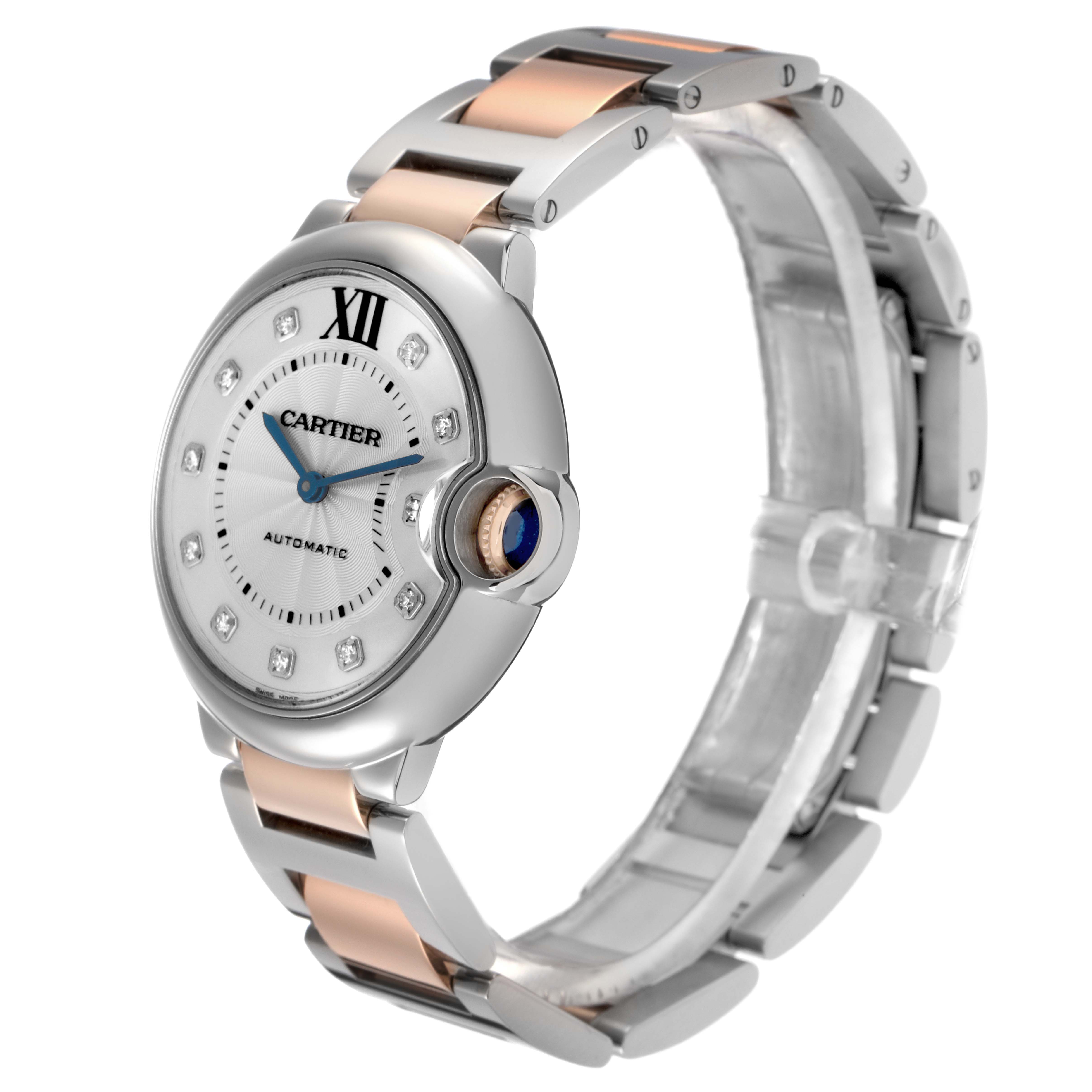 The Cartier Ballon Bleu W3BB0018 Men
s Steel and Gold (two tone) Silver Dial W3BB0018 Men
s Steel and Gold (two tone) Silver Dial watch is shown at a three-quarter angle, highlighting the dial, crown, and two-tone bracelet.