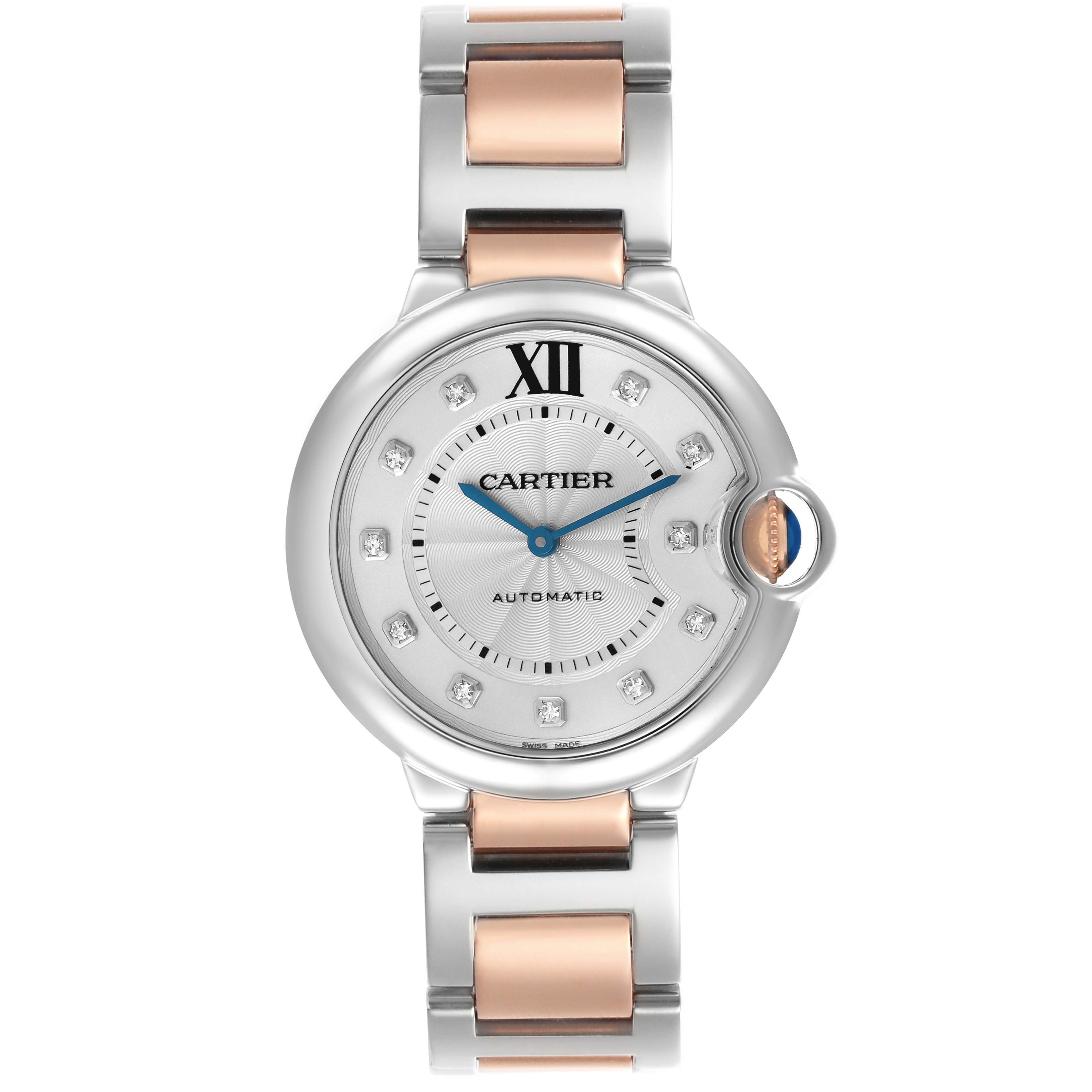The Ballon Bleu by Cartier is shown from the front, displaying the dial, crown, and bracelet.