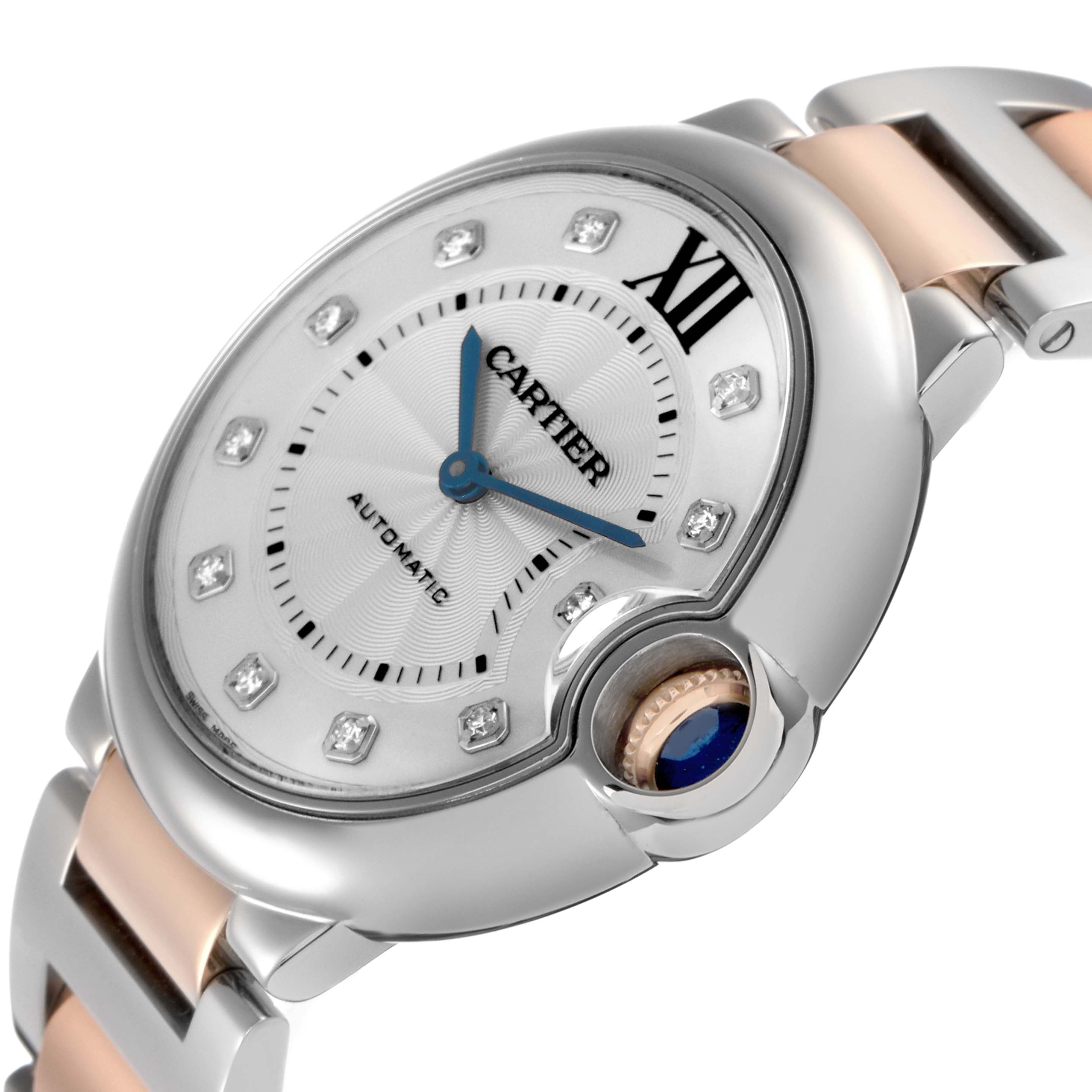 The Cartier Ballon Bleu W3BB0018 Men
s Steel and Gold (two tone) Silver Dial W3BB0018 Men
s Steel and Gold (two tone) Silver Dial watch is shown at an angled close-up, highlighting the face, roman numeral dial, and crown with blue cabochon.