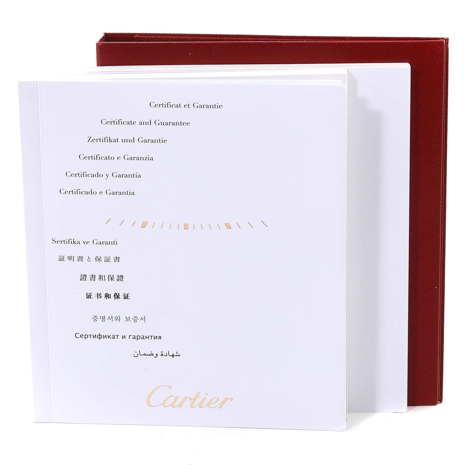 This image shows warranty and certificate booklets for the Ballon Bleu model by Cartier from a front angle.
