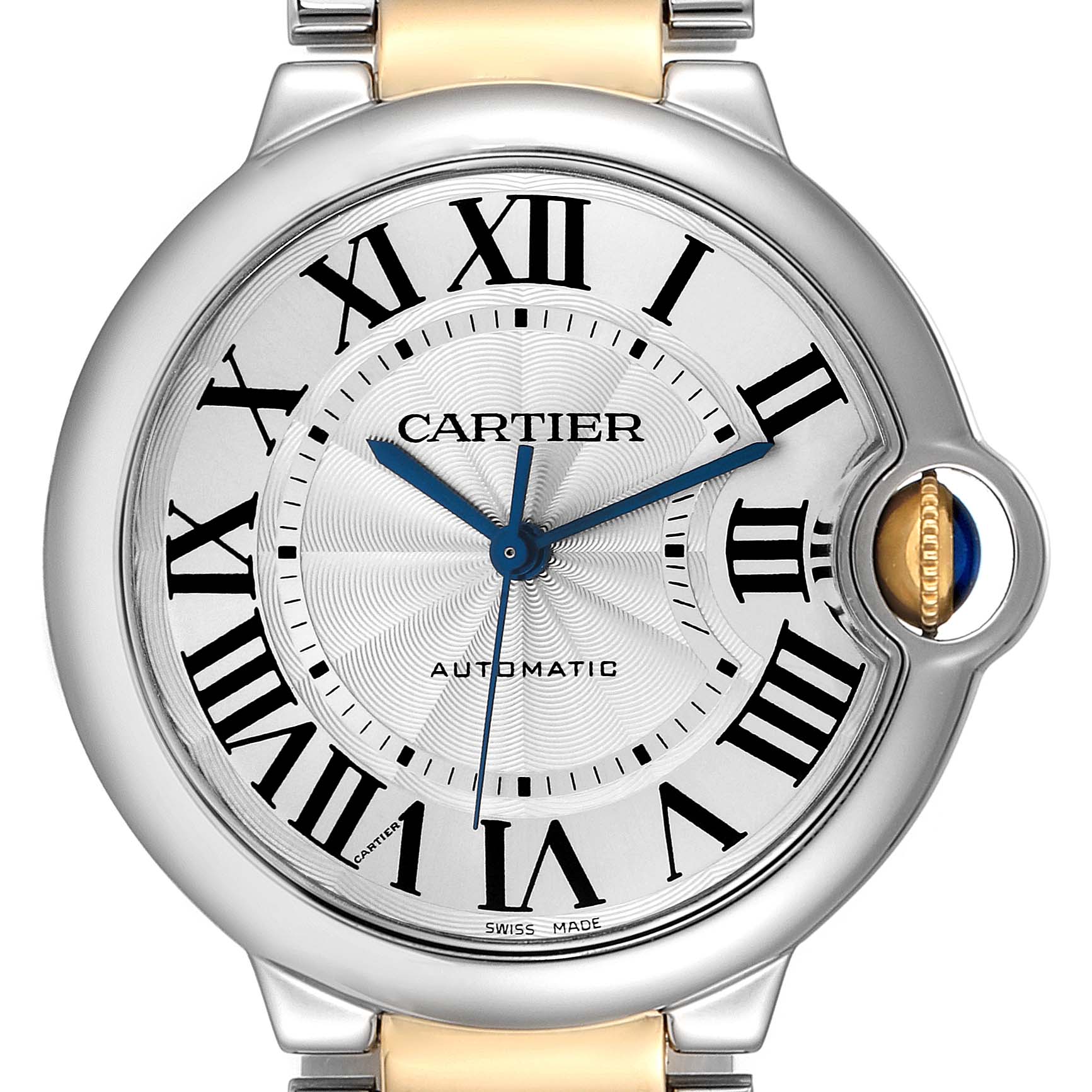 The image shows a close-up of the dial and crown of a Ballon Bleu model by Cartier.