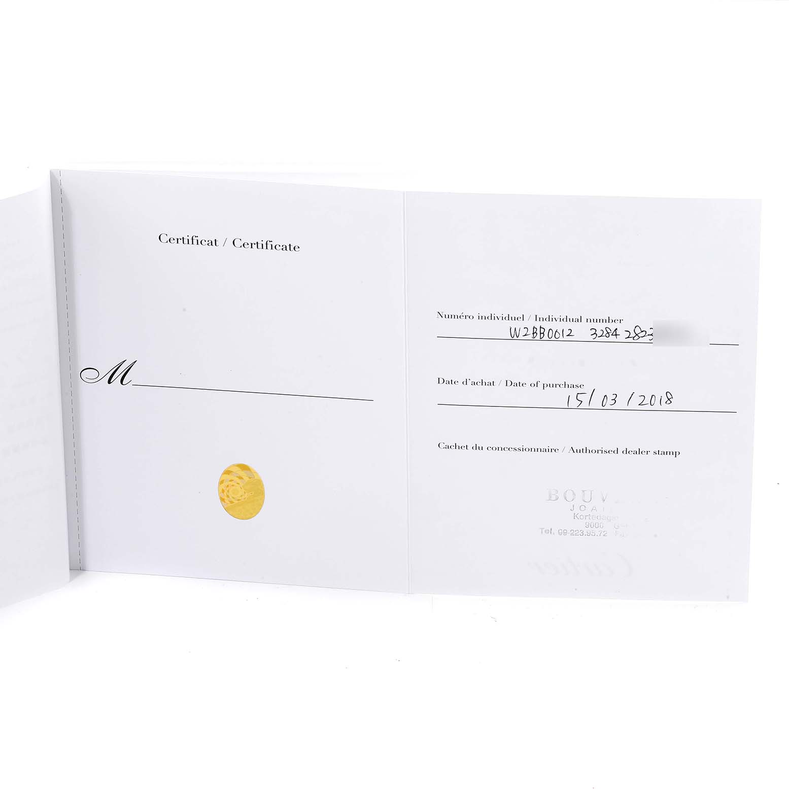 This image shows the open warranty certificate for the Ballon Bleu model by Cartier.