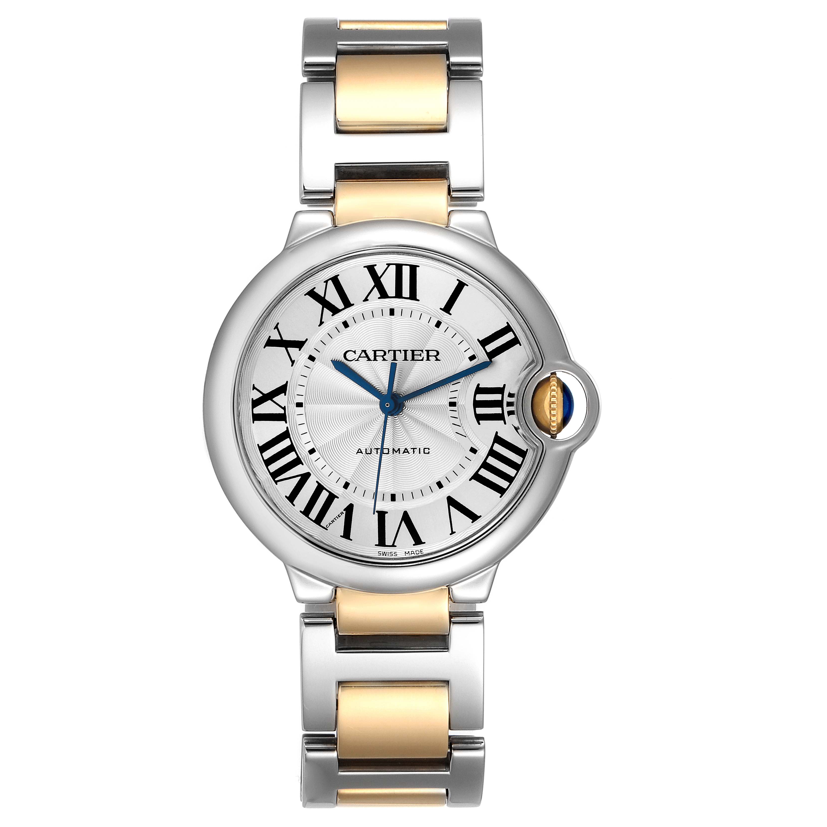This Cartier Ballon Bleu W2BB0012 Women
s Steel and Gold (two tone) Silver Dial W2BB0012 Women
s Steel and Gold (two tone) Silver Dial watch is shown from a front angle, displaying the dial, hands, case, and part of the bracelet.