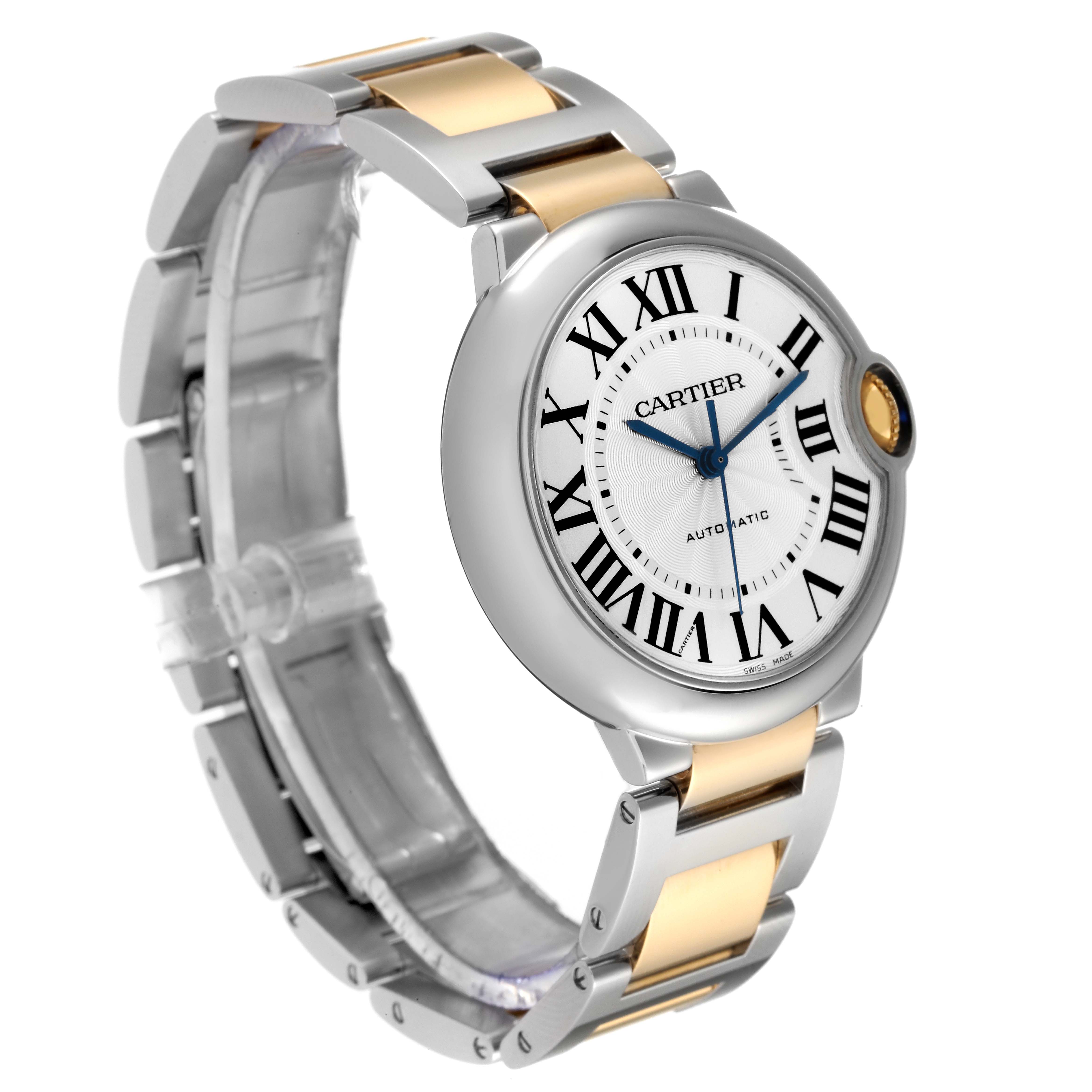 The Cartier Ballon Bleu W2BB0012 Women
s Steel and Gold (two tone) Silver Dial W2BB0012 Women
s Steel and Gold (two tone) Silver Dial watch is shown at a slight angle, highlighting its face, band, and side profile.