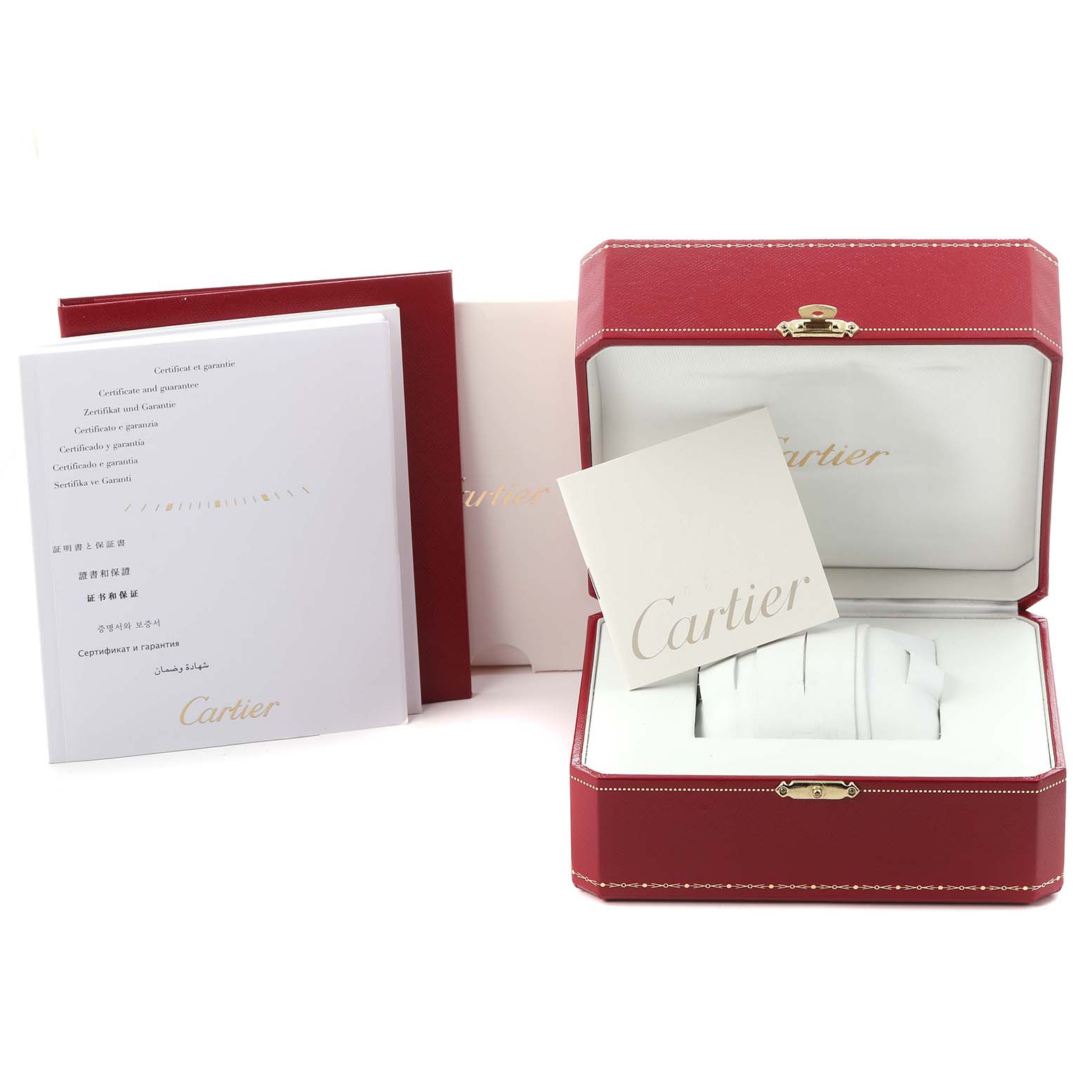The image shows the Cartier Ballon Bleu W69010Z4 Women's Stainless Steel Silver Dial W69010Z4 Women's Stainless Steel Silver Dial watch box and accessories, including a red case, warranty cards, and booklets.