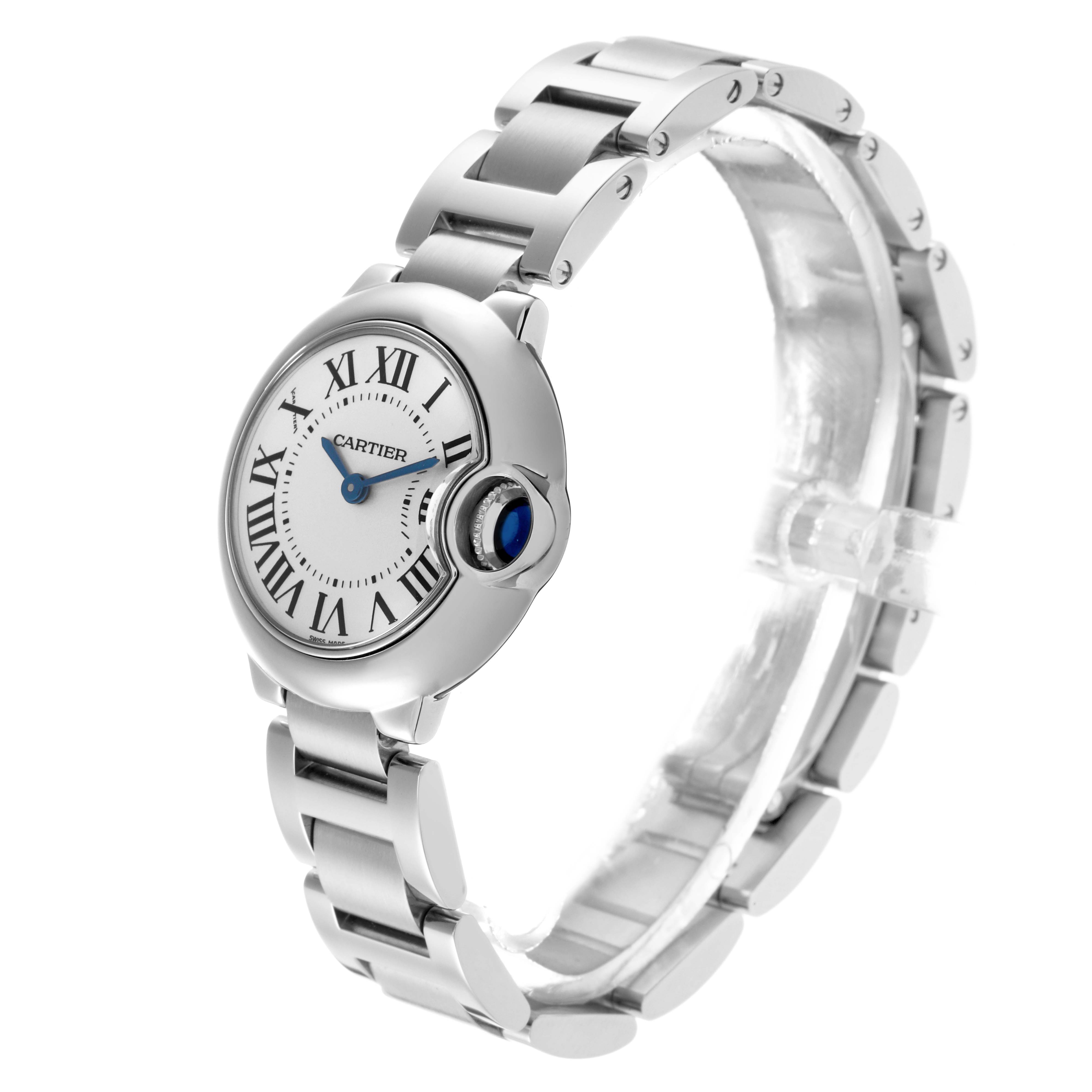 The Cartier Ballon Bleu W69010Z4 Women's Stainless Steel Silver Dial W69010Z4 Women's Stainless Steel Silver Dial watch is shown at a three-quarter angle highlighting the face, bracelet, and crown.