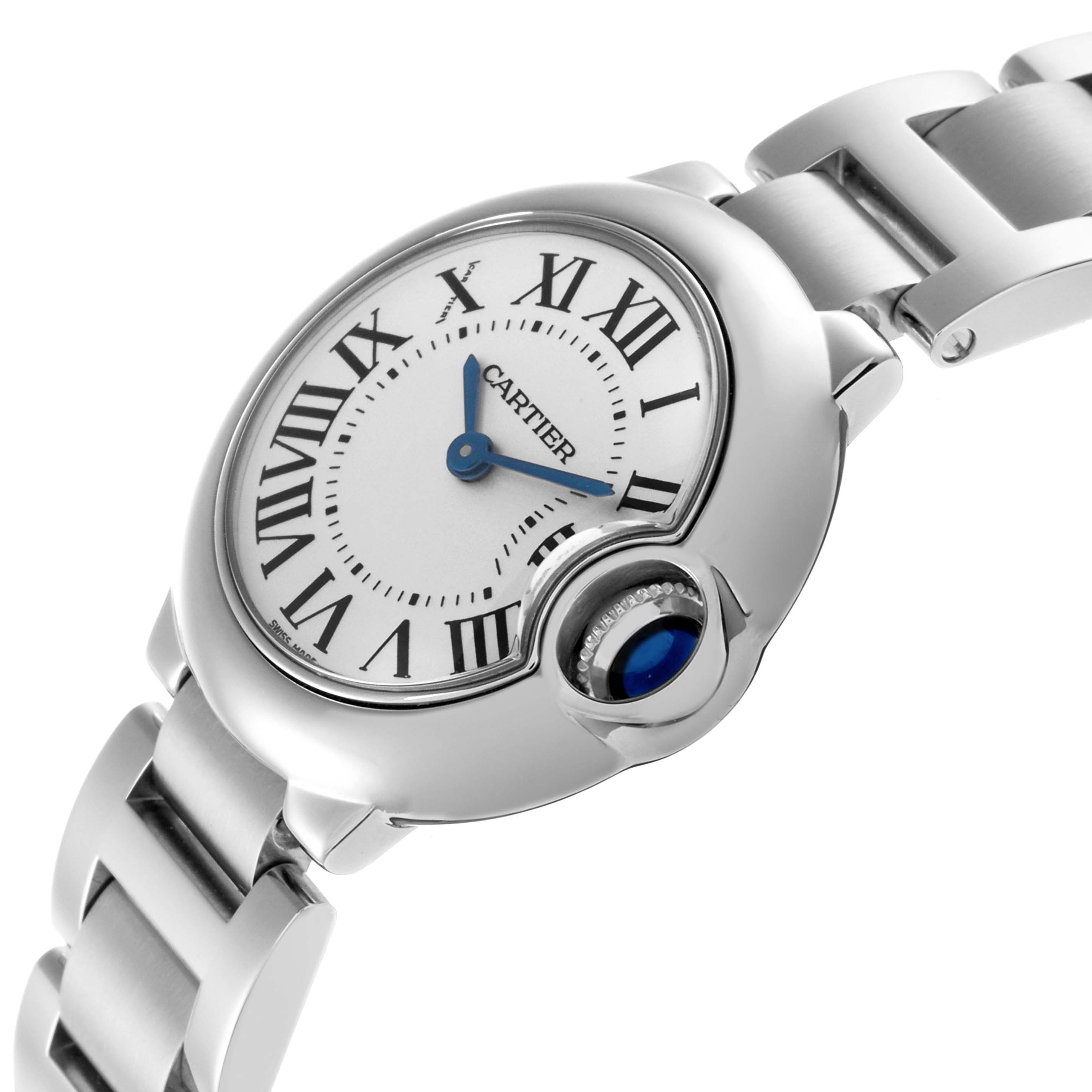 The Cartier Ballon Bleu W69010Z4 Women's Stainless Steel Silver Dial W69010Z4 Women's Stainless Steel Silver Dial watch is shown at a diagonal angle, highlighting the face, bezel, crown, and part of the bracelet.