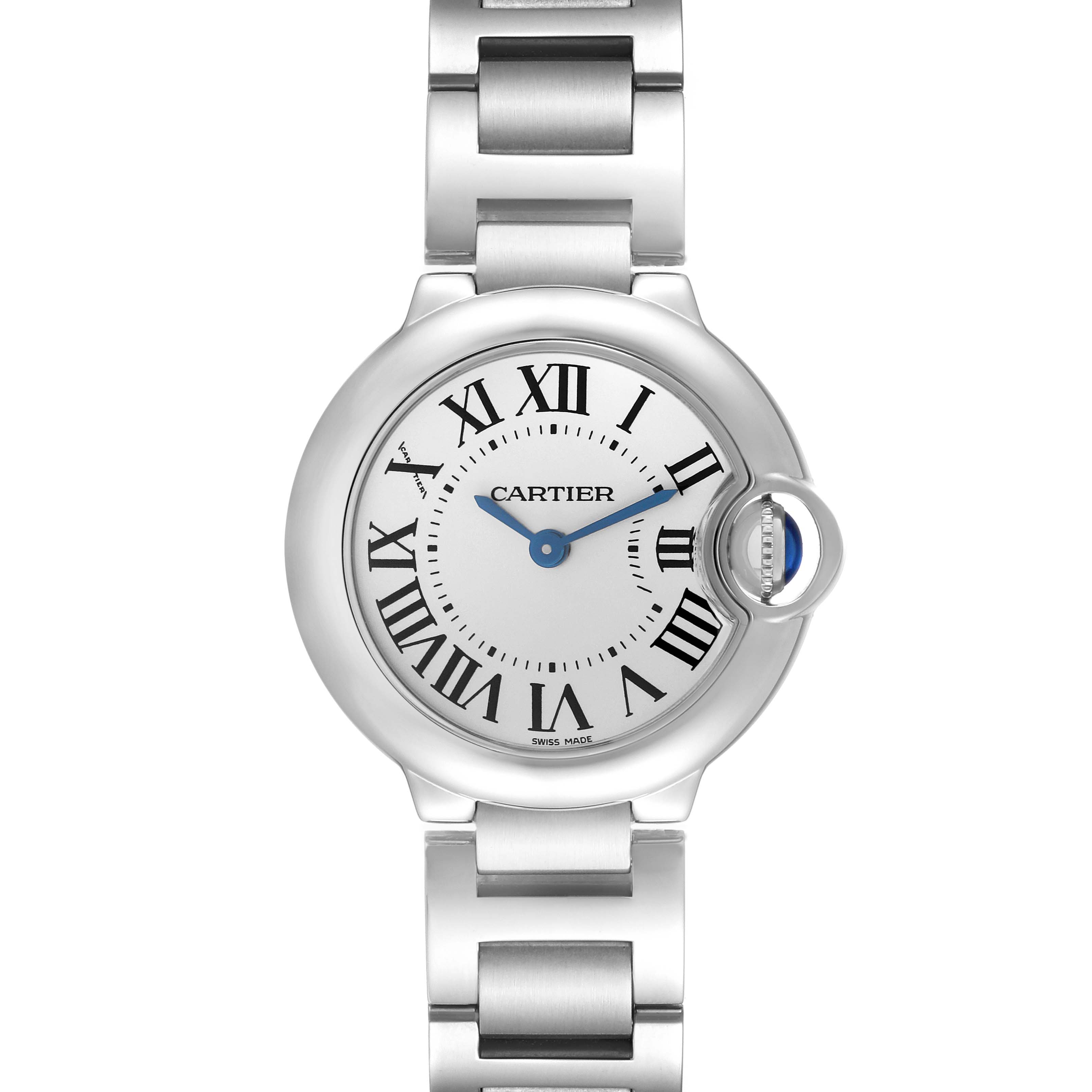 The Cartier Ballon Bleu W69010Z4 Women's Stainless Steel Silver Dial W69010Z4 Women's Stainless Steel Silver Dial watch is shown from a top view, displaying its face, bracelet, and distinctive crown.