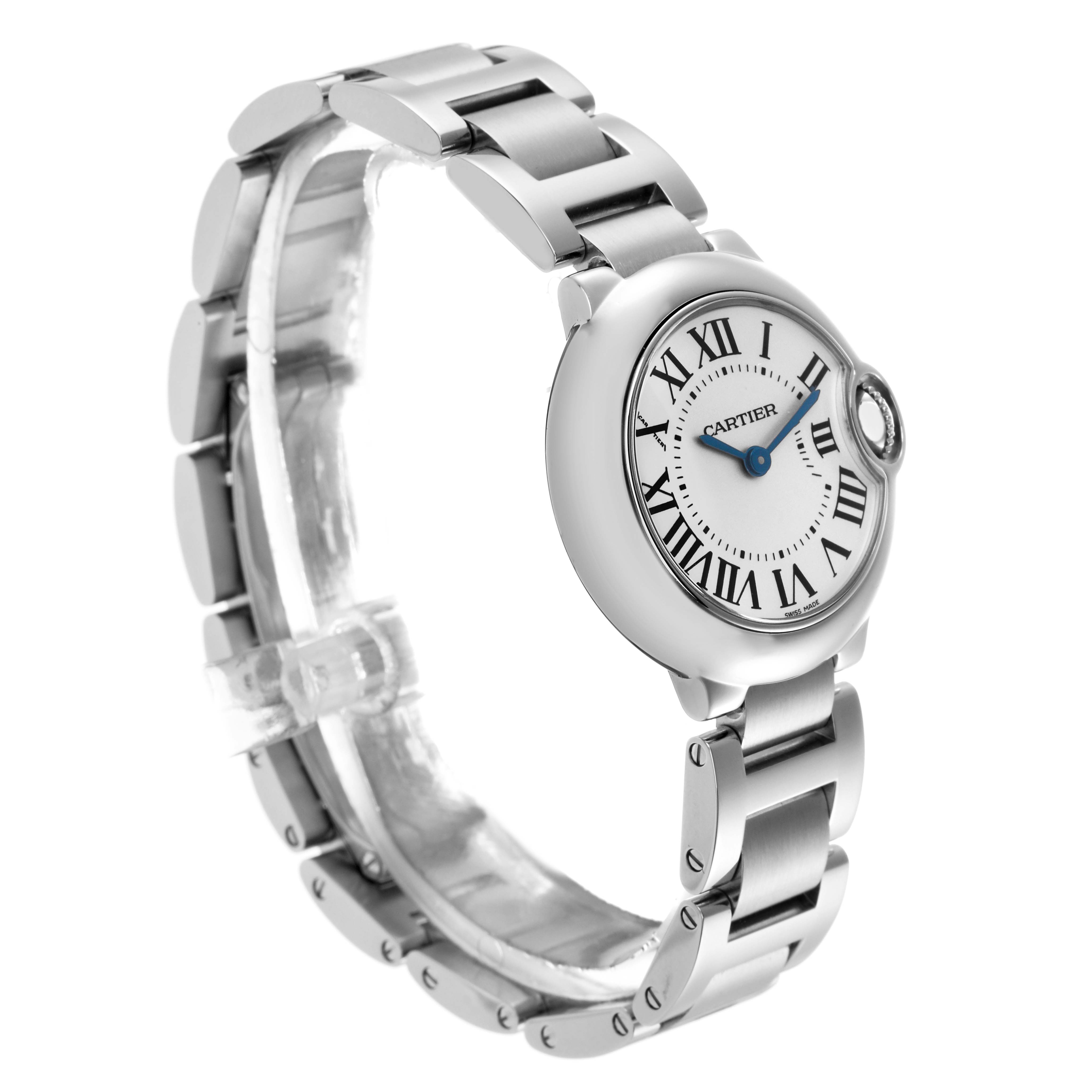 The Cartier Ballon Bleu W69010Z4 Women's Stainless Steel Silver Dial W69010Z4 Women's Stainless Steel Silver Dial watch is shown at an angle displaying the face, crown, and part of the metal bracelet.