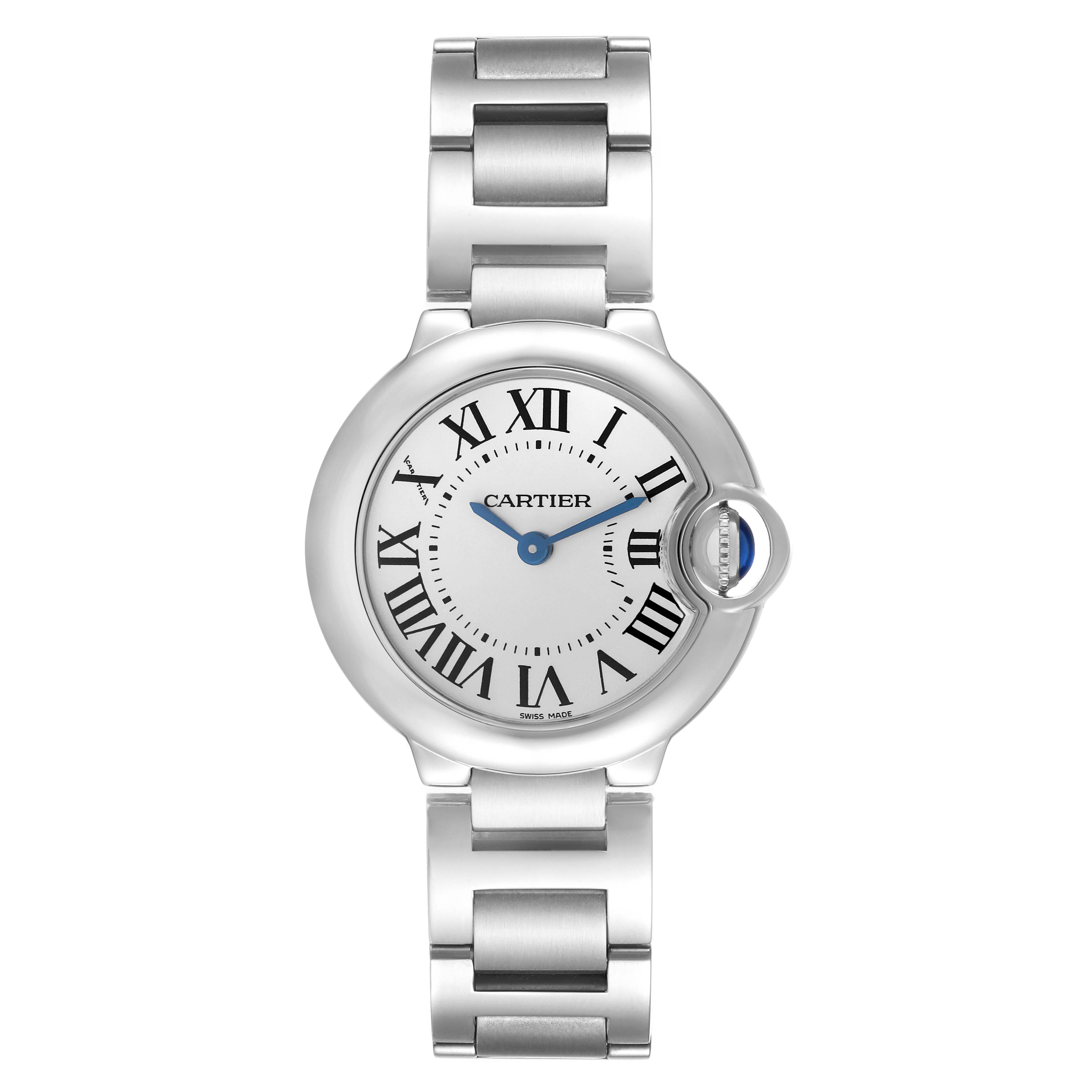 The Cartier Ballon Bleu W69010Z4 Women's Stainless Steel Silver Dial W69010Z4 Women's Stainless Steel Silver Dial watch is shown from a front angle, highlighting the round dial with Roman numerals and metal bracelet.